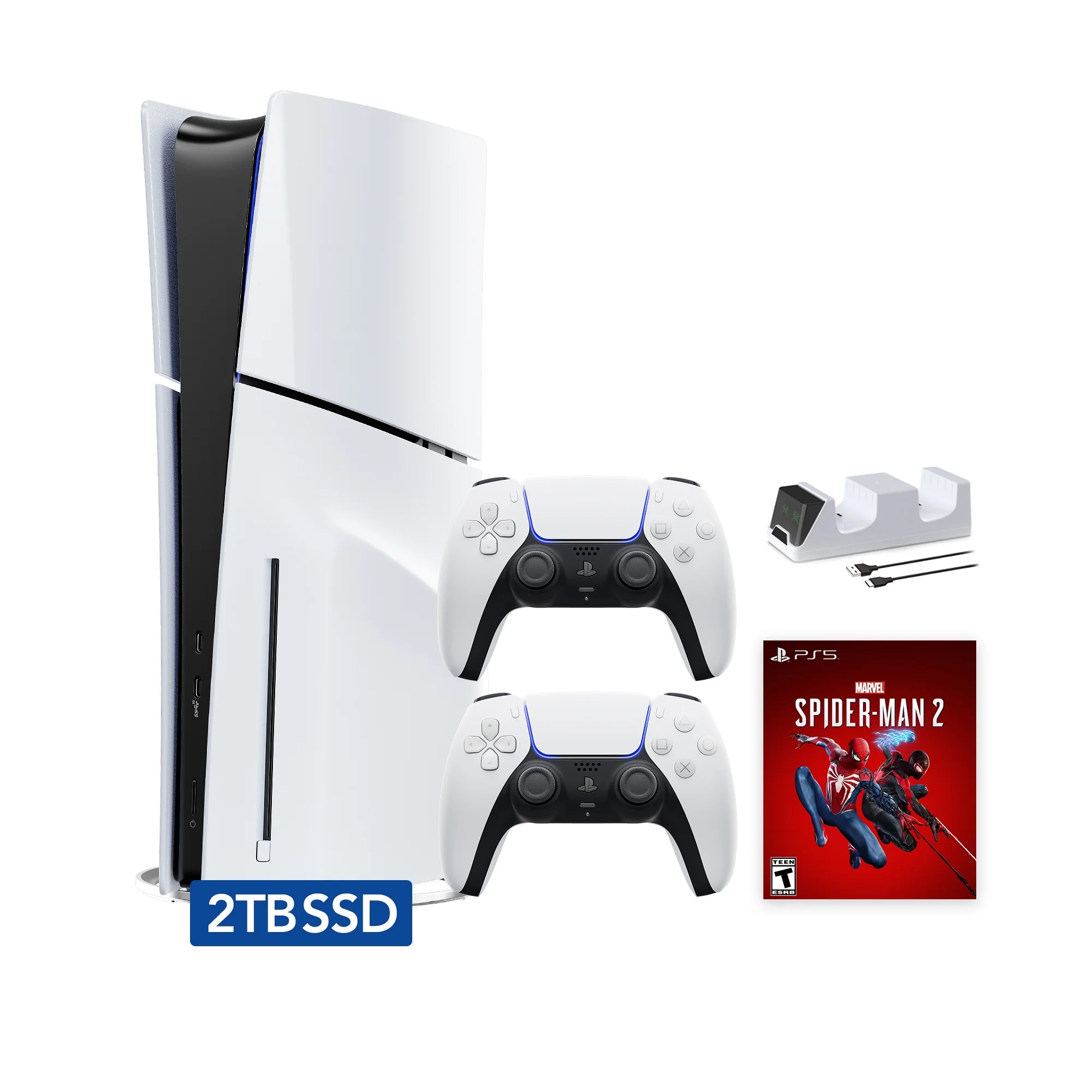 PlayStation 5 Slim Disc 2TB SSD Edition Marvel's Spider-Man 2 Bundle with Two DualSense Controllers and Mytrix Dual Controller Charger - PS5 Gaming Console