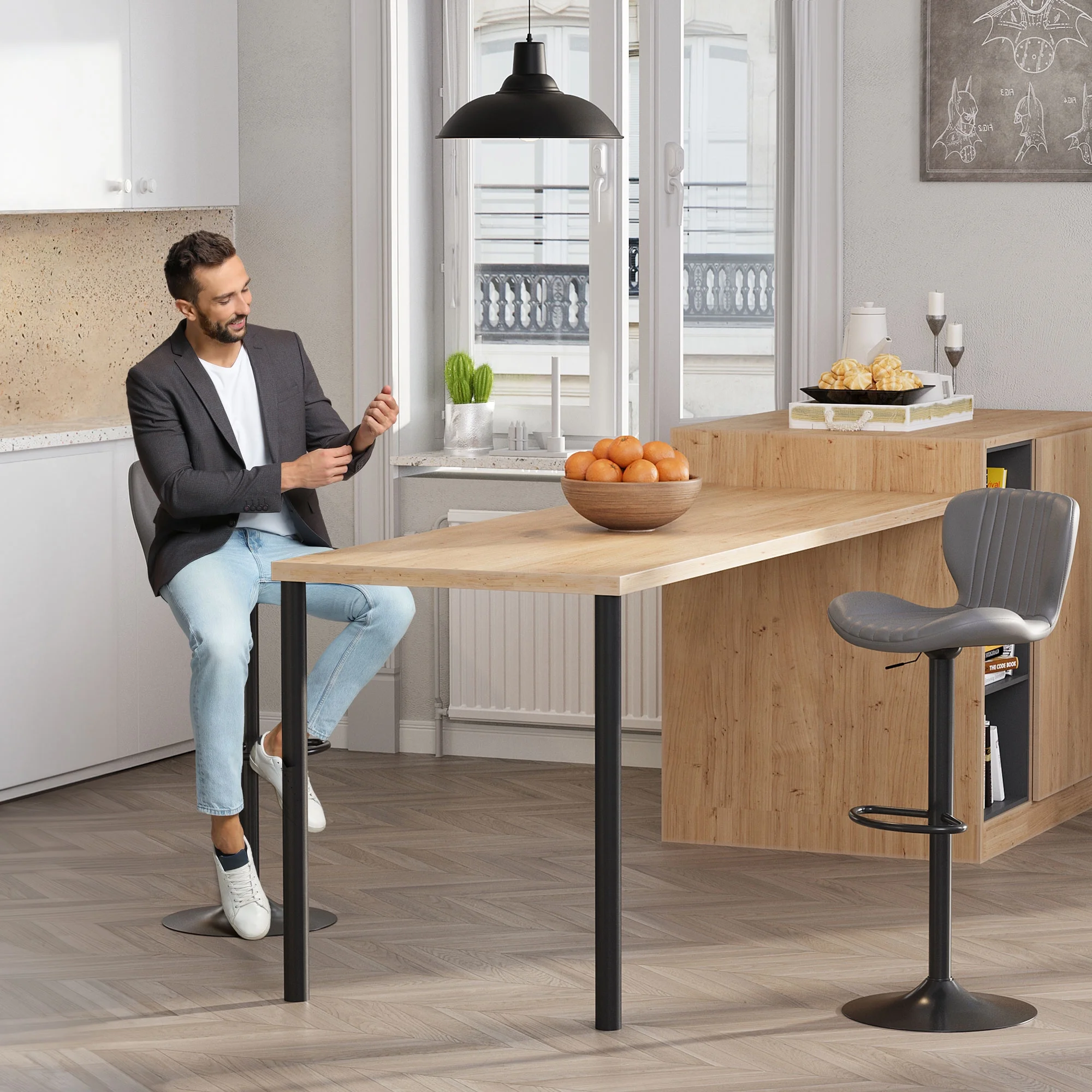 Walsunny Bar Stools Set of 4,Adjustable Leather Counter Height with High Backrest,Bar Chairs for Kitchen Island Dining，Room Bar,Grey