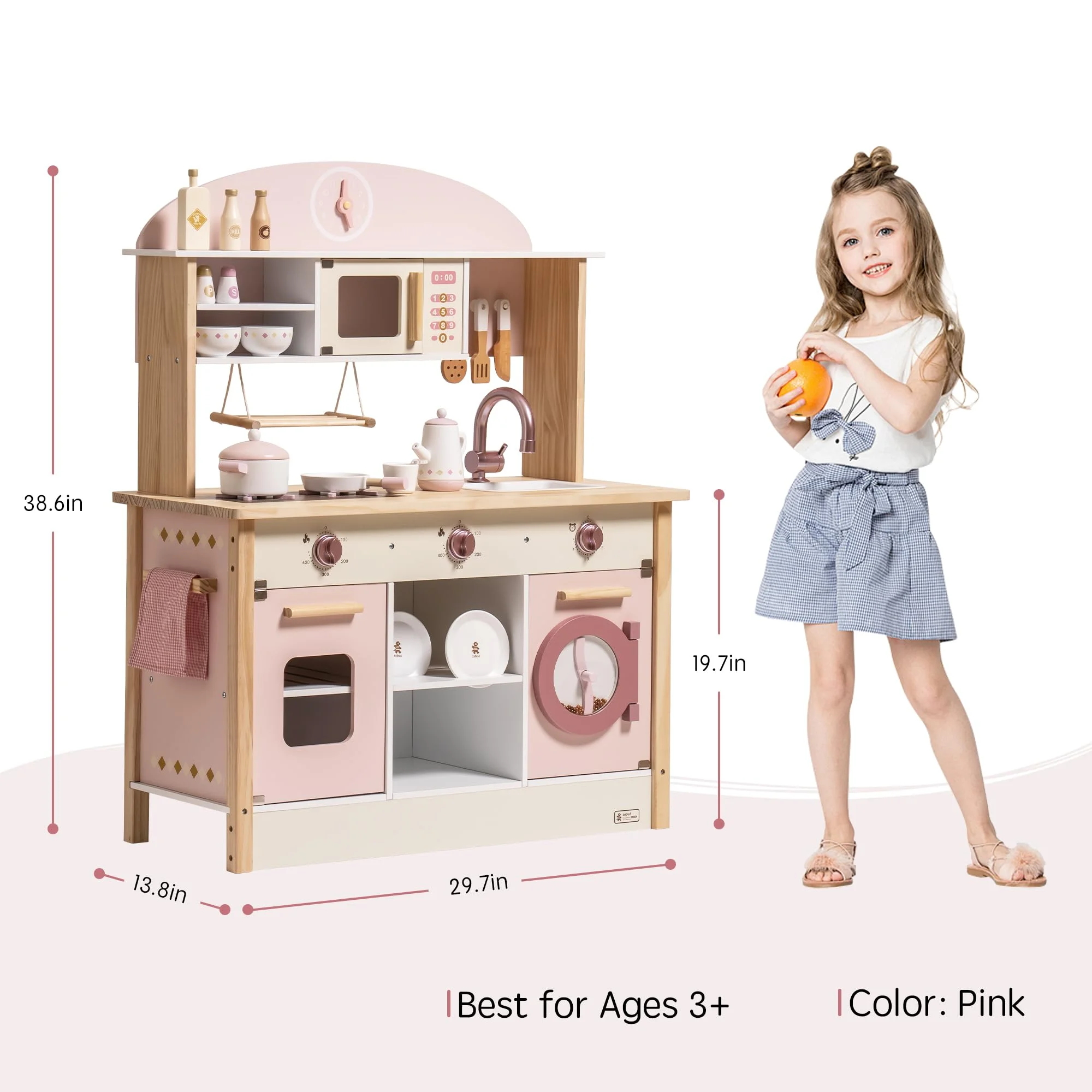Robud Kids Wooden Kitchen Play Set Pretend Playset Toy with Play Cooker for Girls Boys Age 3+,Pink