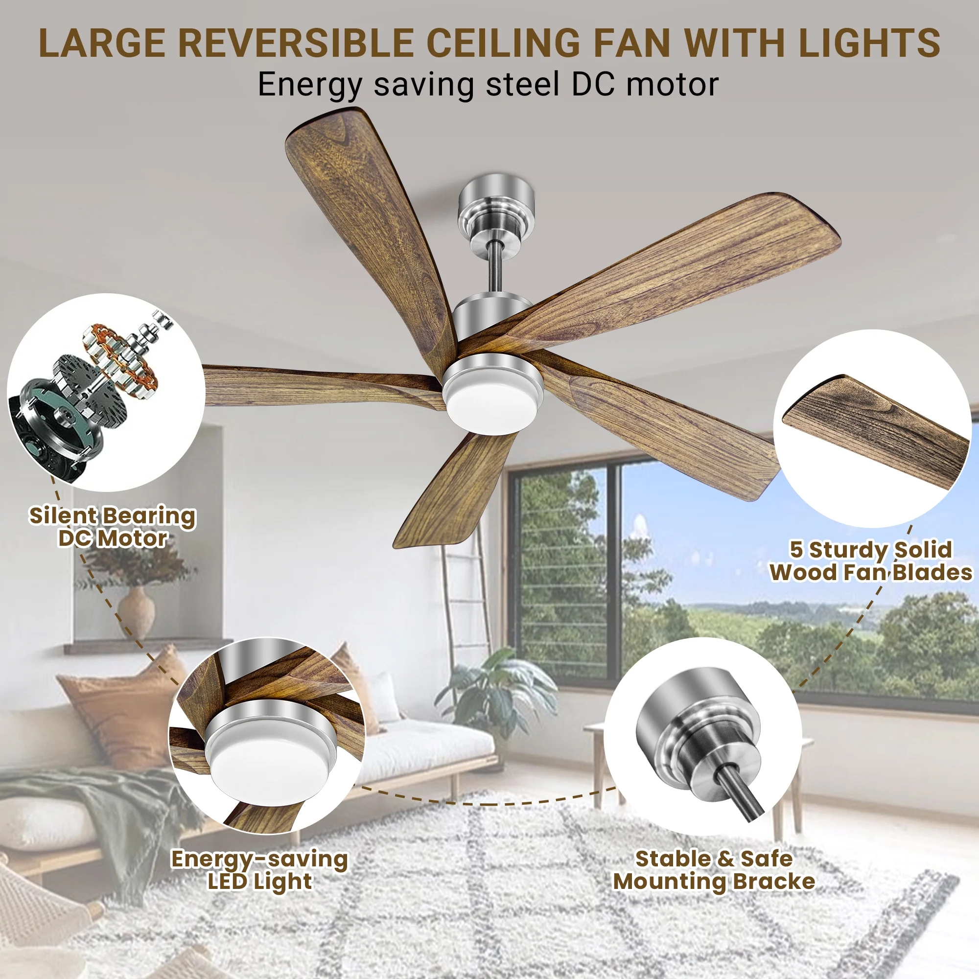 52 Inch Ceiling Fan with Remote Control, Outdoor/Indoor Wood Ceiling Fans with 6 Speeds Reversible DC Motor, Silver with 5 Blades
