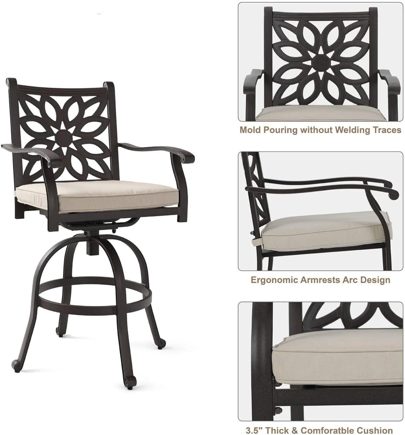 Sophia & William Cast Aluminum Outdoor Swivel Bar Stools with Seat Cushion-Set of 2