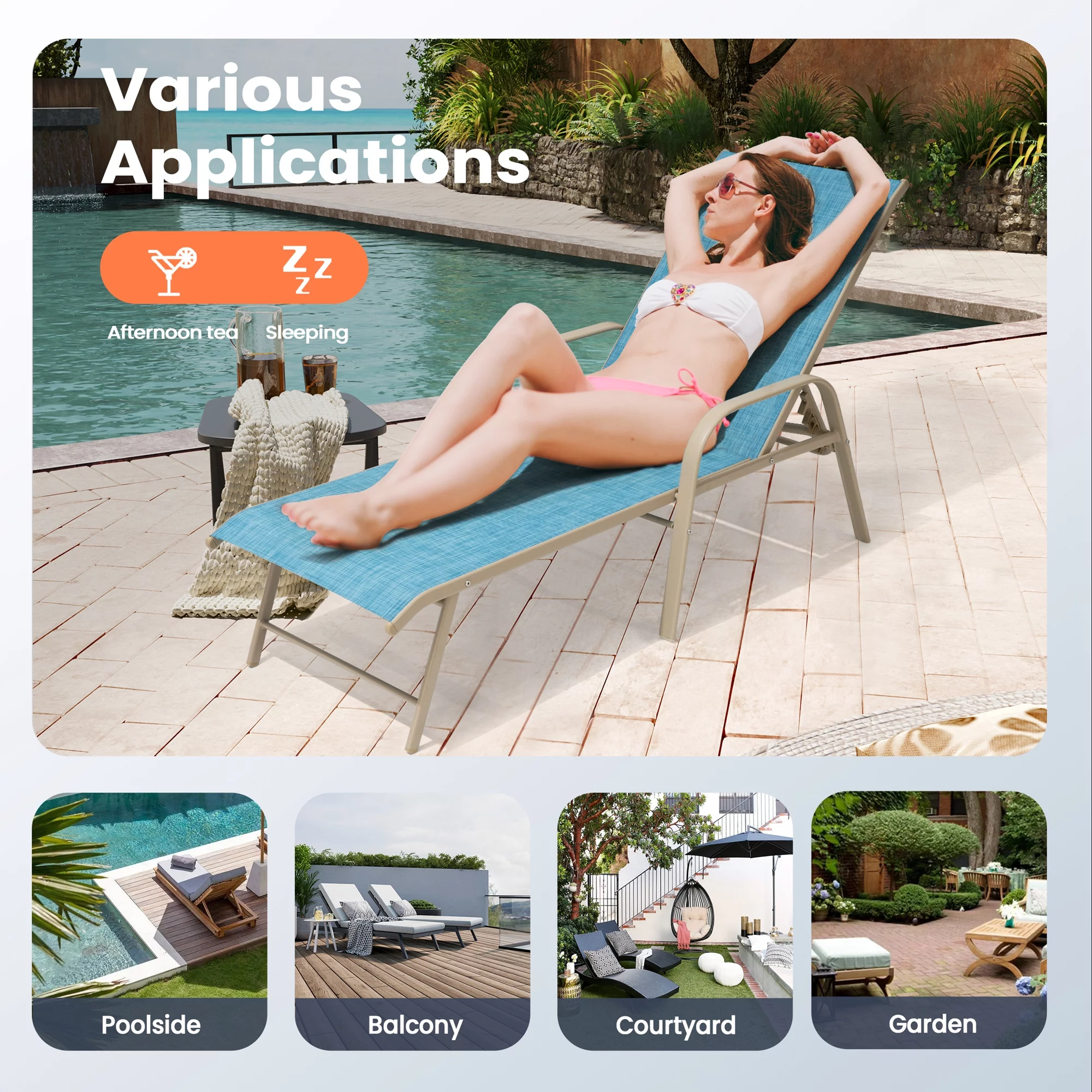 Pellebant Set of 2 Outdoor Chaise Lounge Chairs Aluminum Patio Folding Recliners ,Blue