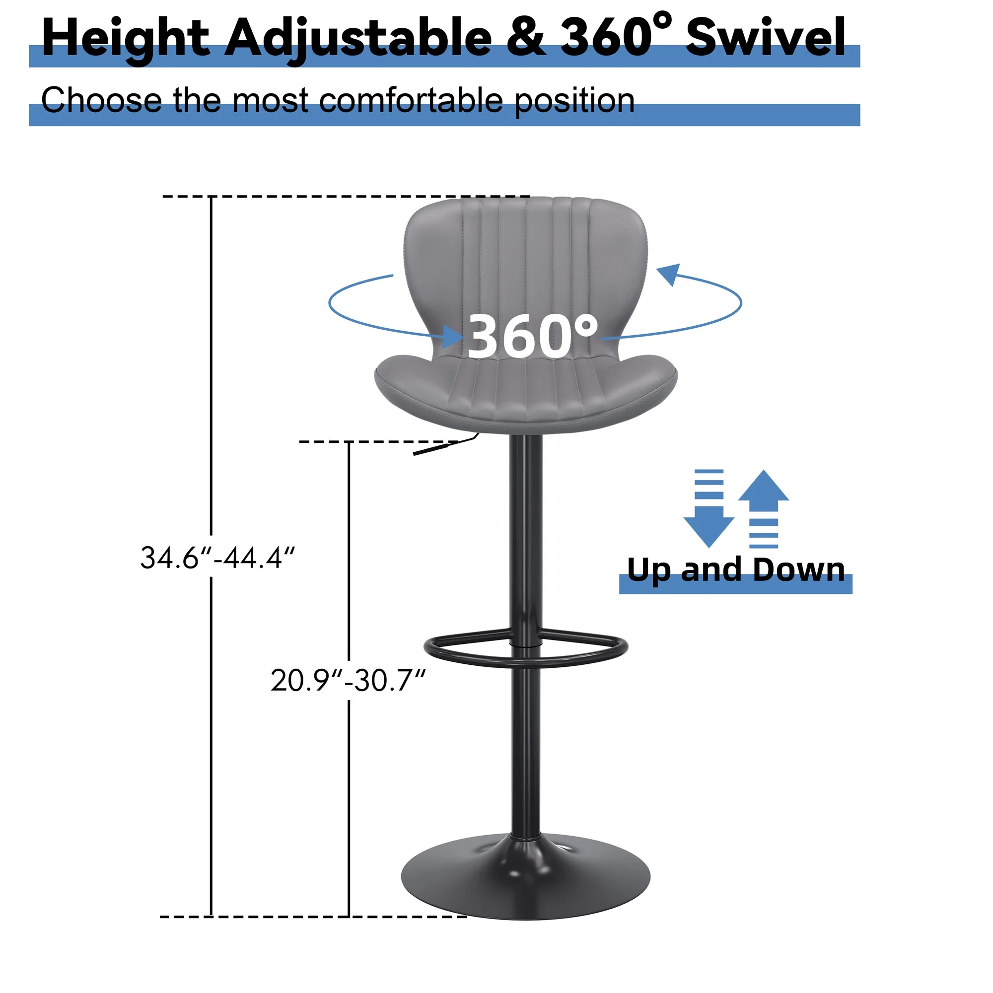 Walsunny Bar Stools Set of 4,Adjustable Leather Counter Height with High Backrest,Bar Chairs for Kitchen Island Dining，Room Bar,Grey