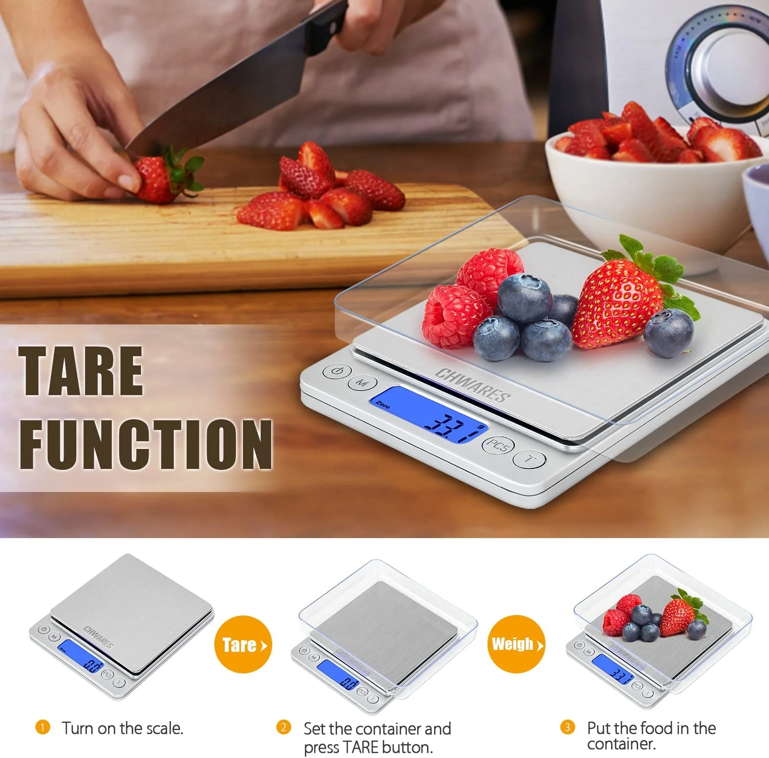 Food Scale, Rechargeable Kitchen Scale with Trays 3000g/0.1g, Small Scale with Tare Function Digital Scale Grams and Ounces for Weight Loss, Dieting, Cooking, Meal Prep, Coffee, Jewelry