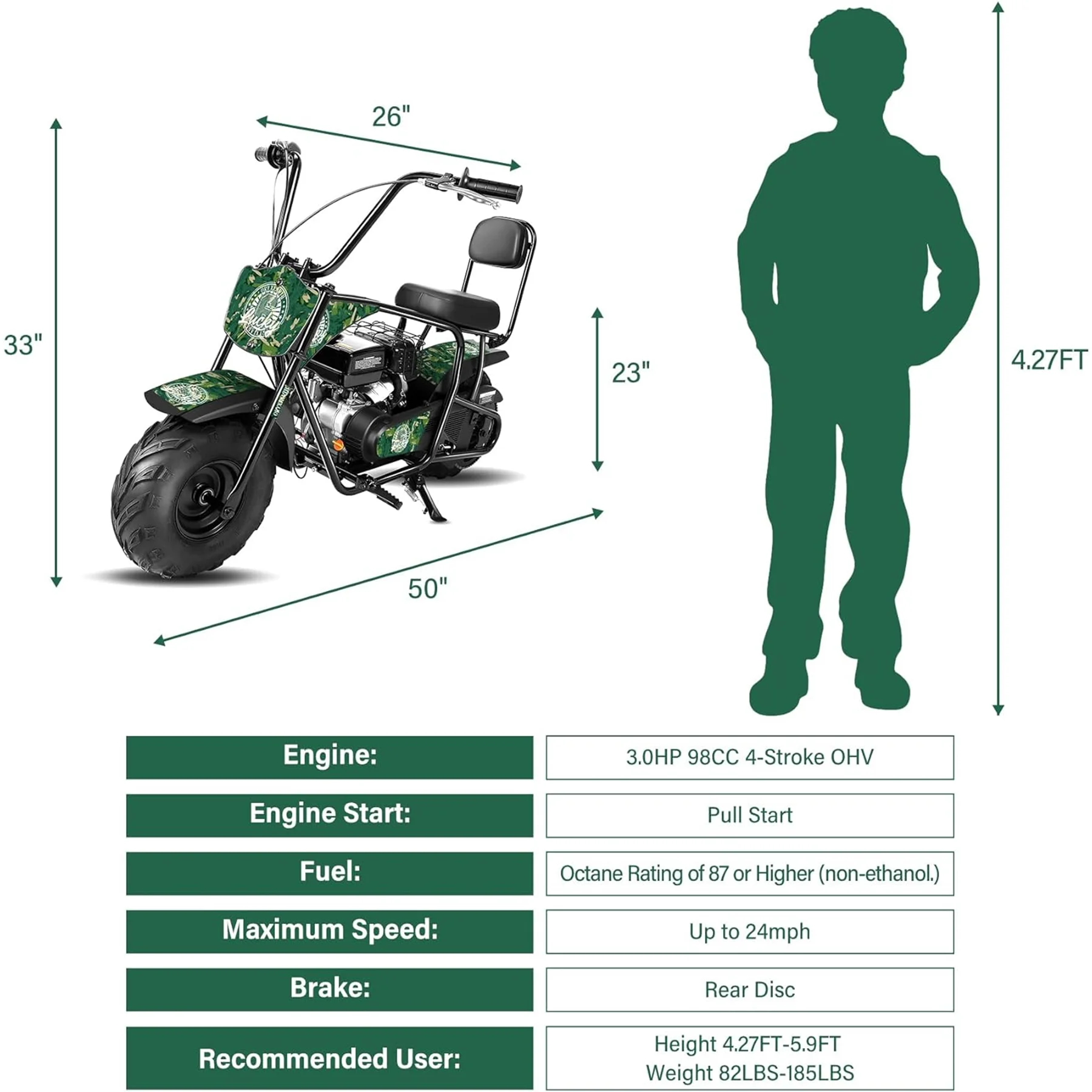 Oryxearth Mini Bike for Kids Motorcycle, Gas Power Dirt Bike,98CC 4-Stroke Ride on Toys, Green
