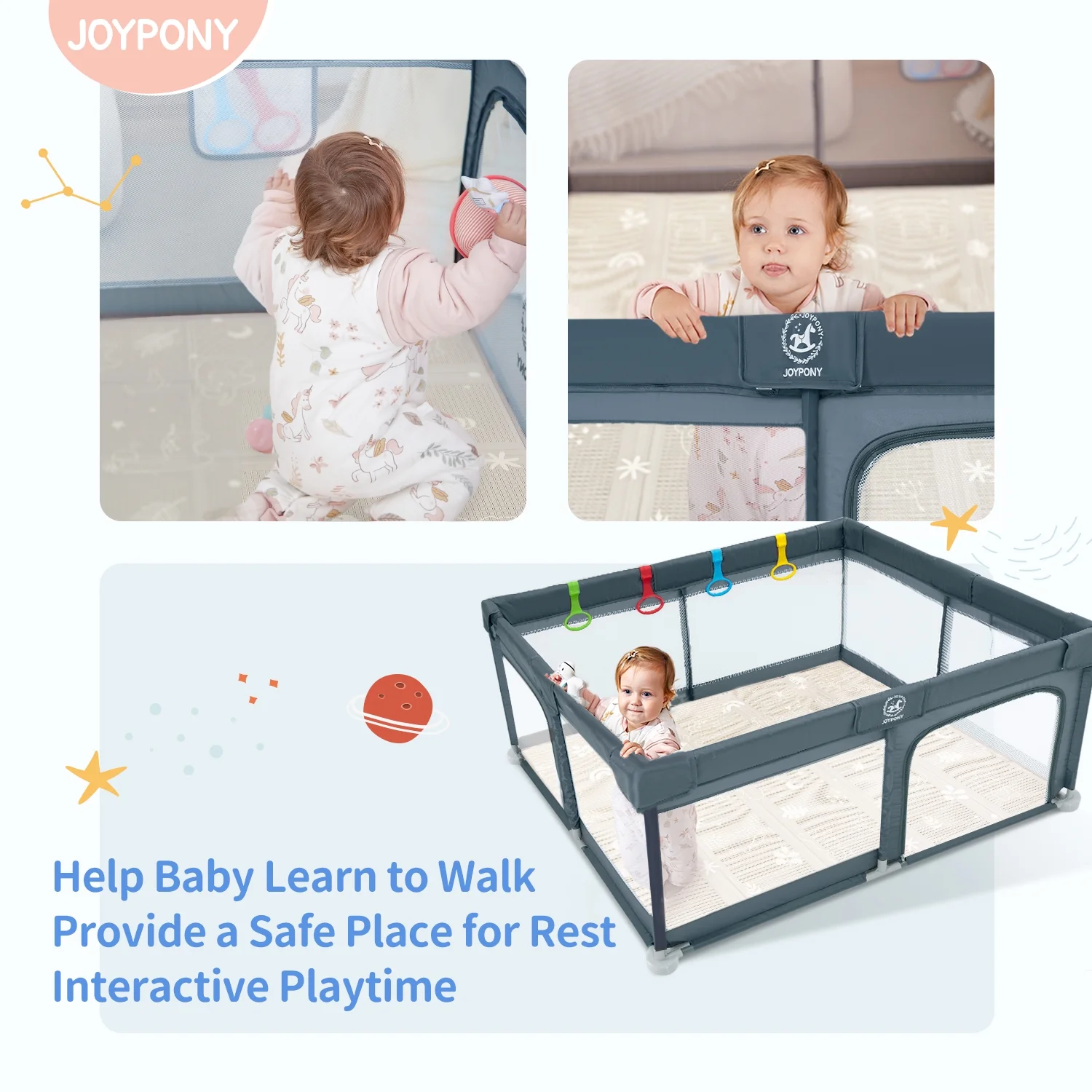 Joypony Grey Baby Playpen,Baby Playards Large Safety Play Center Yards,Kids Play Activity Center with Gate,Super Soft Mesh, Sturdy Fence Play Area for Toddlers,50 x 50 x 27 inches