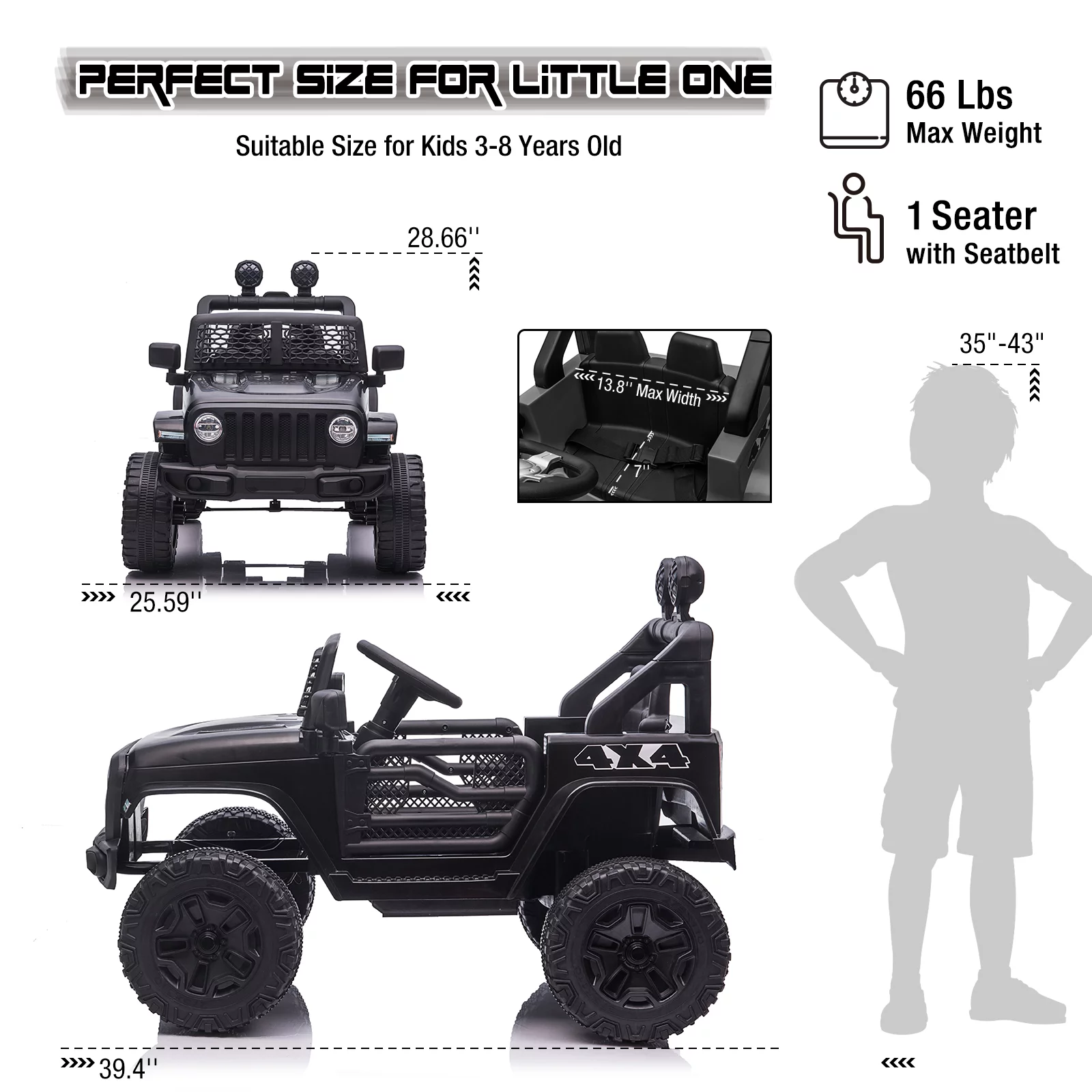 JOINATRE 12V Kids Ride On Car Truck, Battery Power Electric Car for Kids w/Parent Remote Control, 3 Speeds Ride on Toys with Suspension, LED Lights, Double Open Doors for Boys Girls Age 3-8 Yrs old