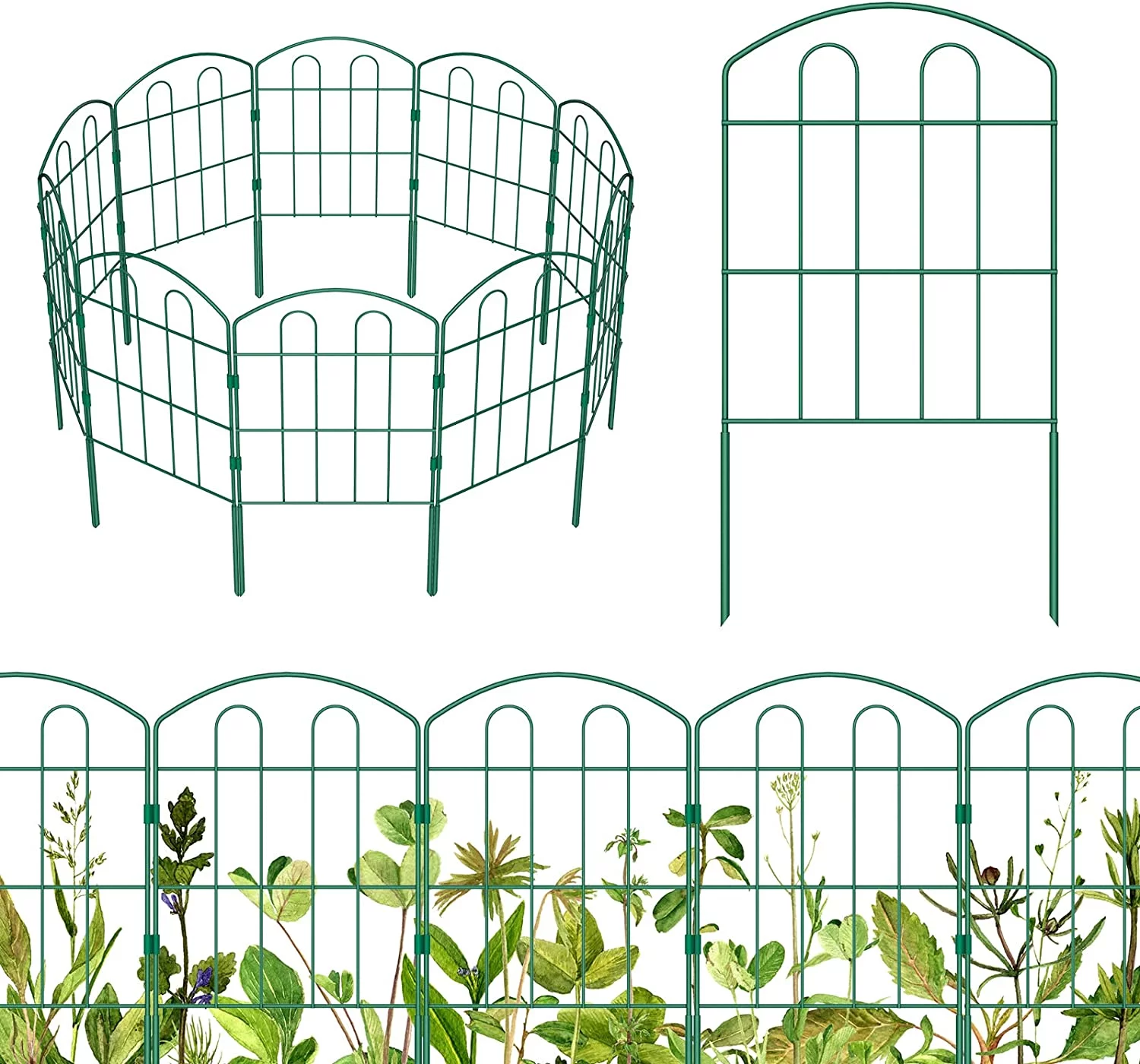 10 Pack Garden Fence 23in (H) x 10ft (L) Metal Landscape Border Fence Panels, Green