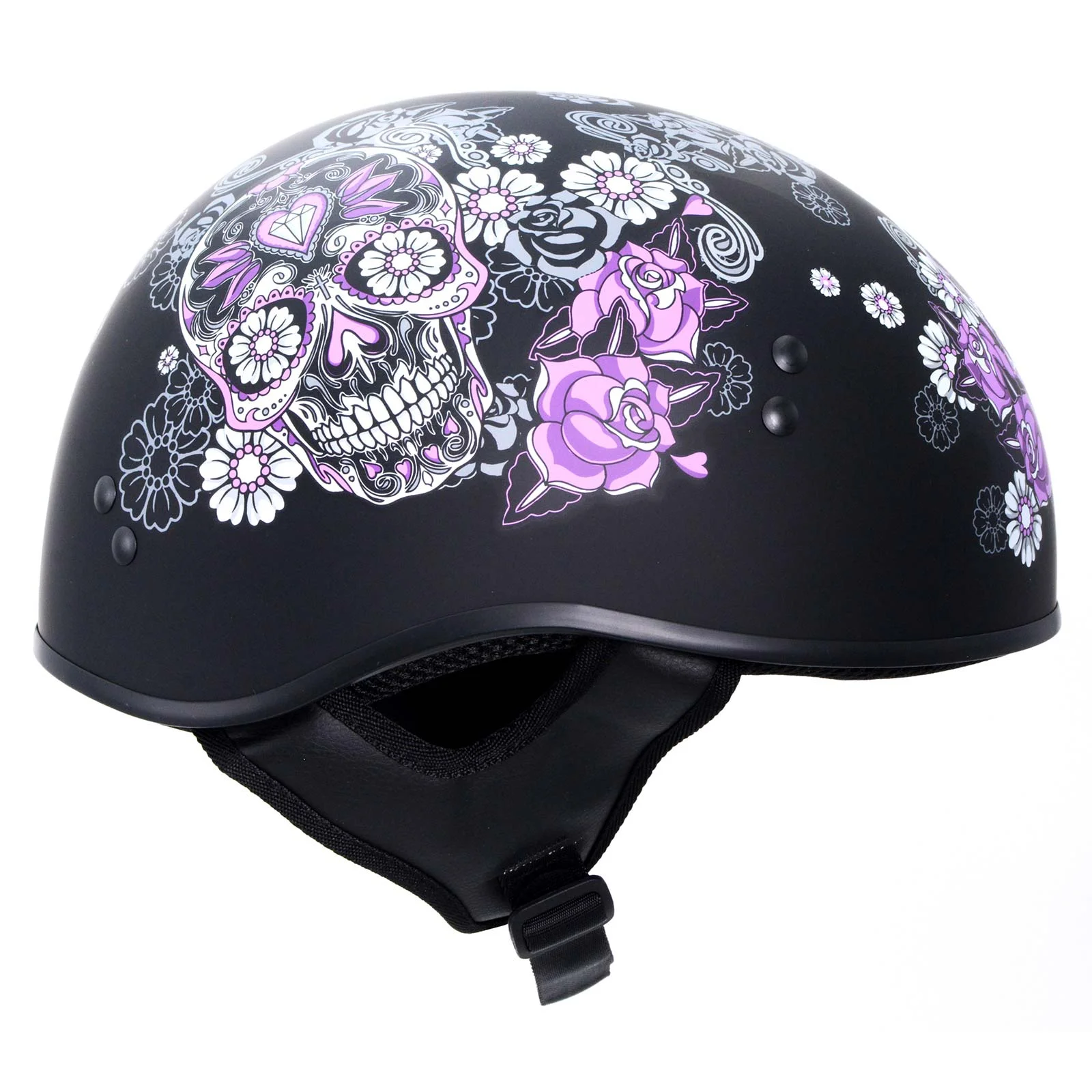 Hot Leathers HLD1031 'Sugar Skull' Flat Black Motorcycle DOT Approved Skull Cap Half Biker Helmet Medium