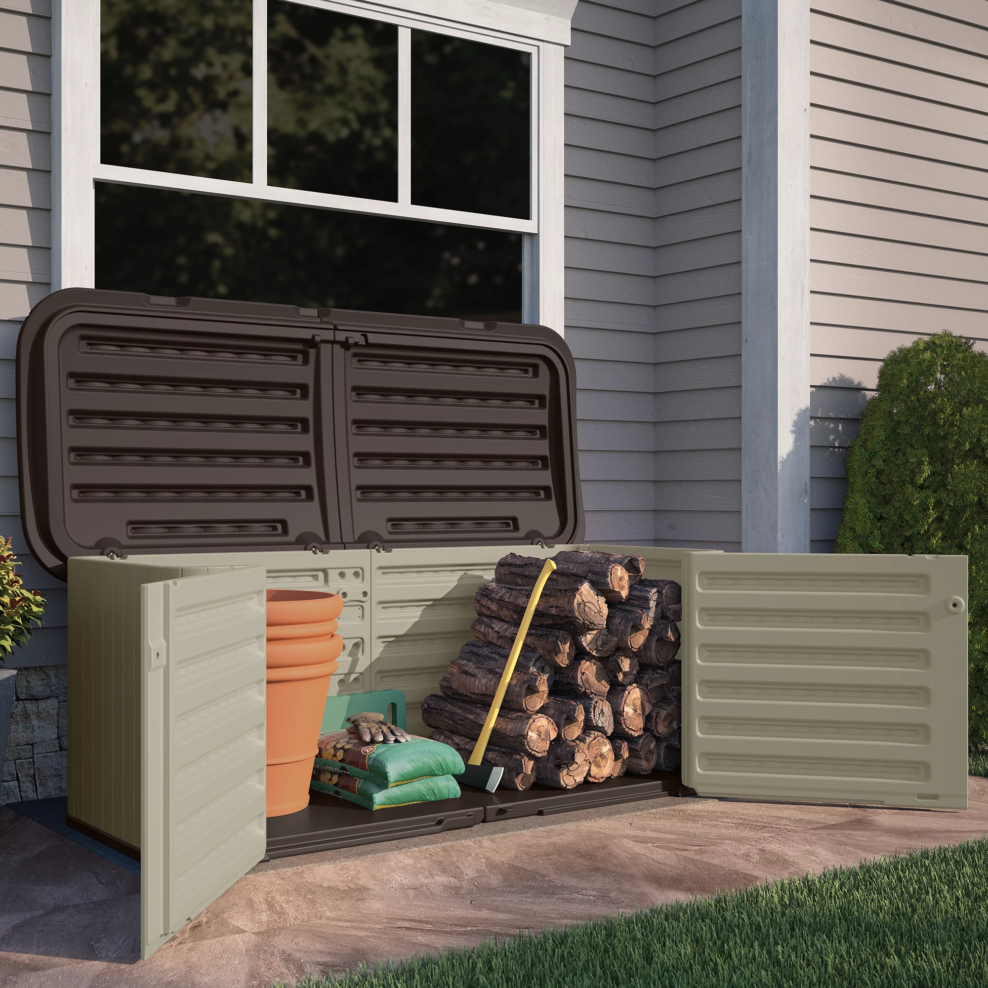 Suncast 269 Gallon Split Lid Resin Storage Shed Deck Box, Light Taupe