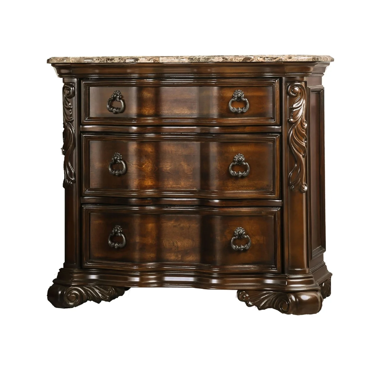 3 Drawer Wooden Nightstand with Marble Top and Scrolled Legs Brown- Saltoro Sherpi
