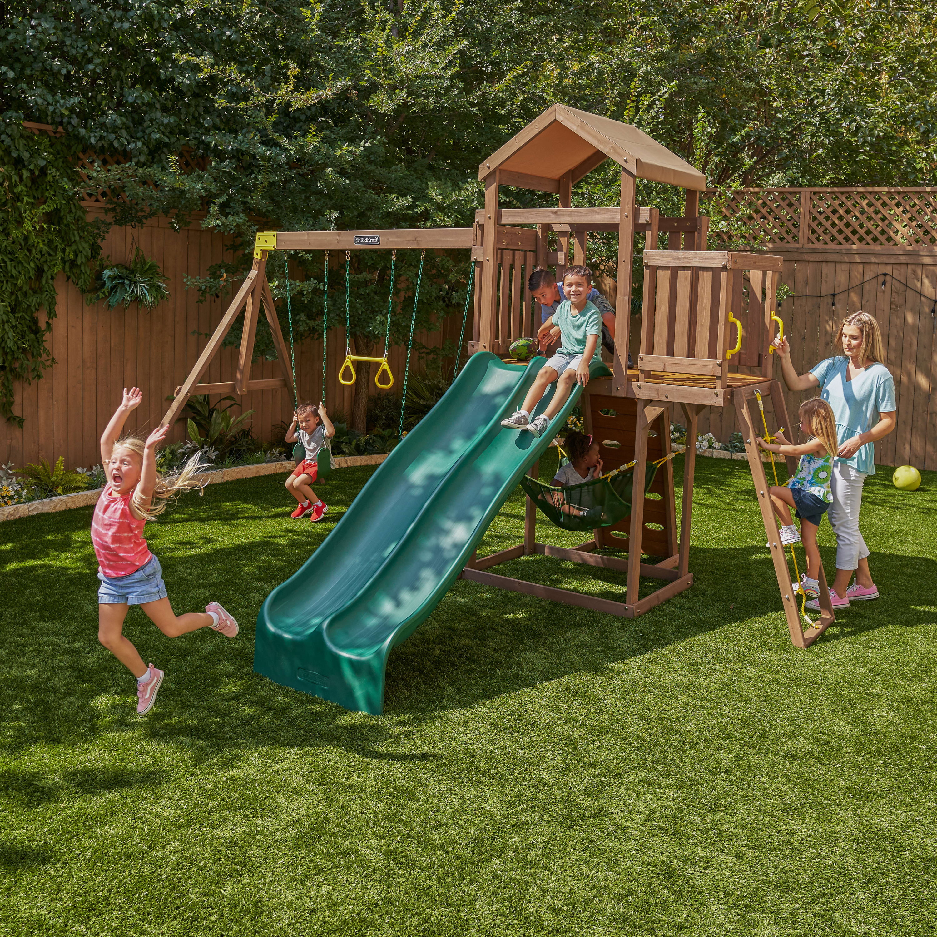 KidKraft Adventure Vista Wooden Outdoor Swing Set / Playset with Hammock, For Ages 3-10