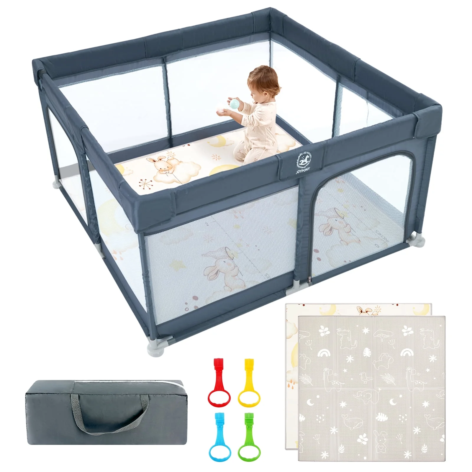Joypony Grey Baby Playpen,Baby Playards Large Safety Play Center Yards,Kids Play Activity Center with Gate,Super Soft Mesh, Sturdy Fence Play Area for Toddlers,50 x 50 x 27 inches