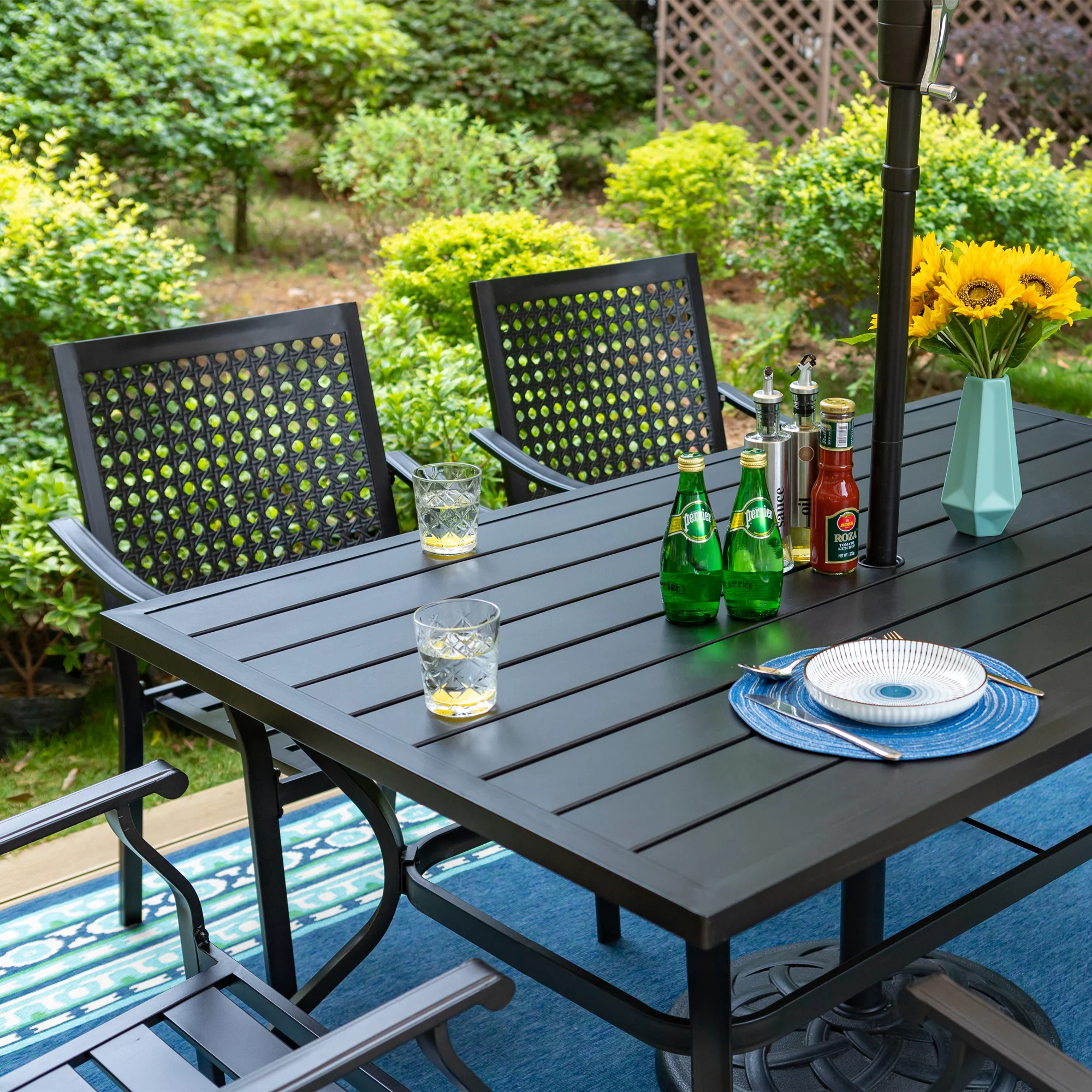 MF Studio 8-Piece Outdoor Patio Dining Set with 13 FT Double-sided Umbrella, 6 PCS Stacking Armchairs&1 PC Large Table for Dinner&Party, Black&Beige