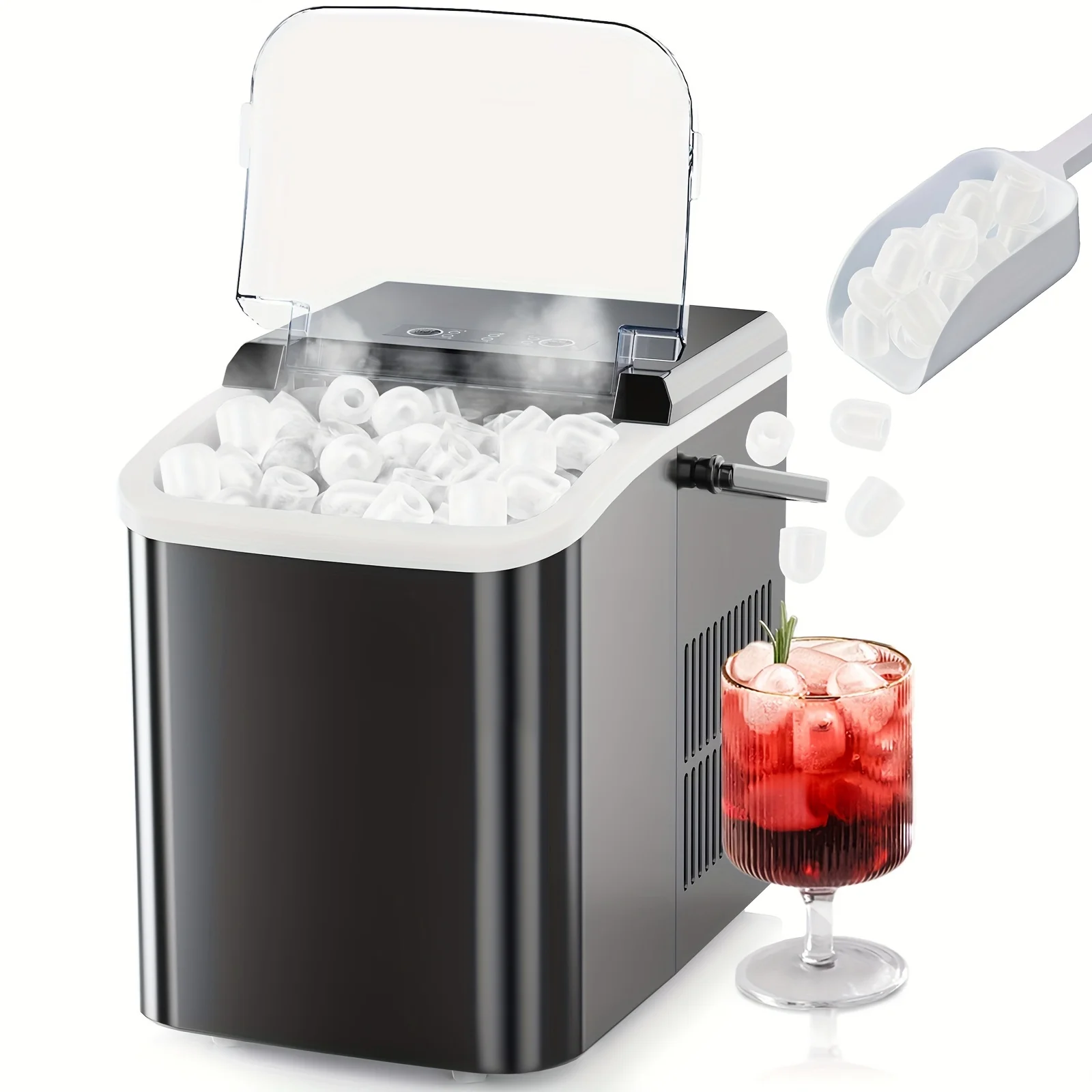 Countertop Ice Maker, Portable Ice Machine Self-Cleaning, 9 Cubes in 6 Mins, 26.5lbs/24Hrs, 2 Sizes of Bullet Ice, with Ice Scoop, Basket and Handle, Ice Cube Maker for Home Kitchen Party
