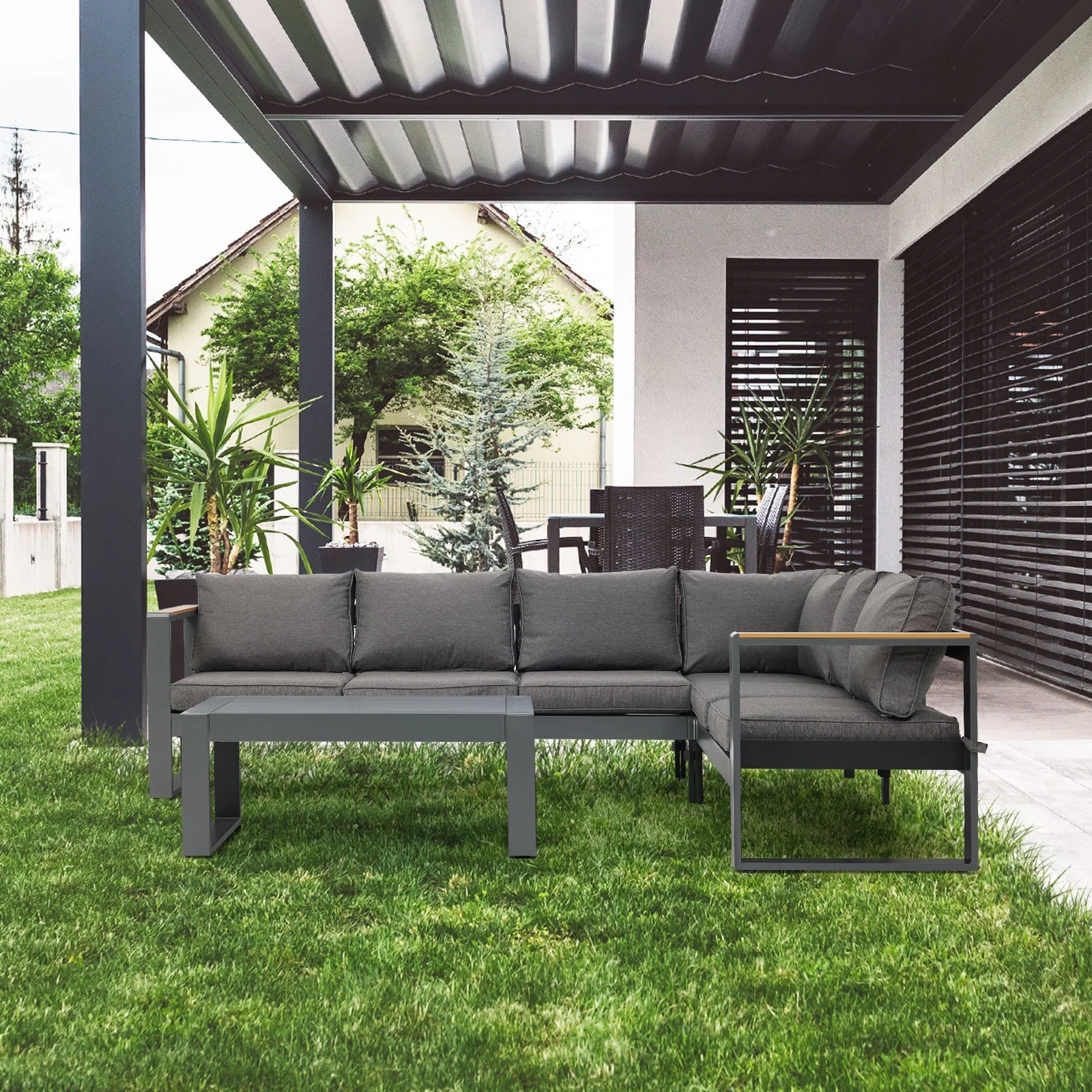 Aoodor 5 Pieces Aluminum Sectional Patio Furniture Set - Modern Outdoor Metal Sofa with Thick Cushions, Weather-Resistant L-Shaped Design, Easy Assembly - Ideal for Balcony, Backyard, and Garden D