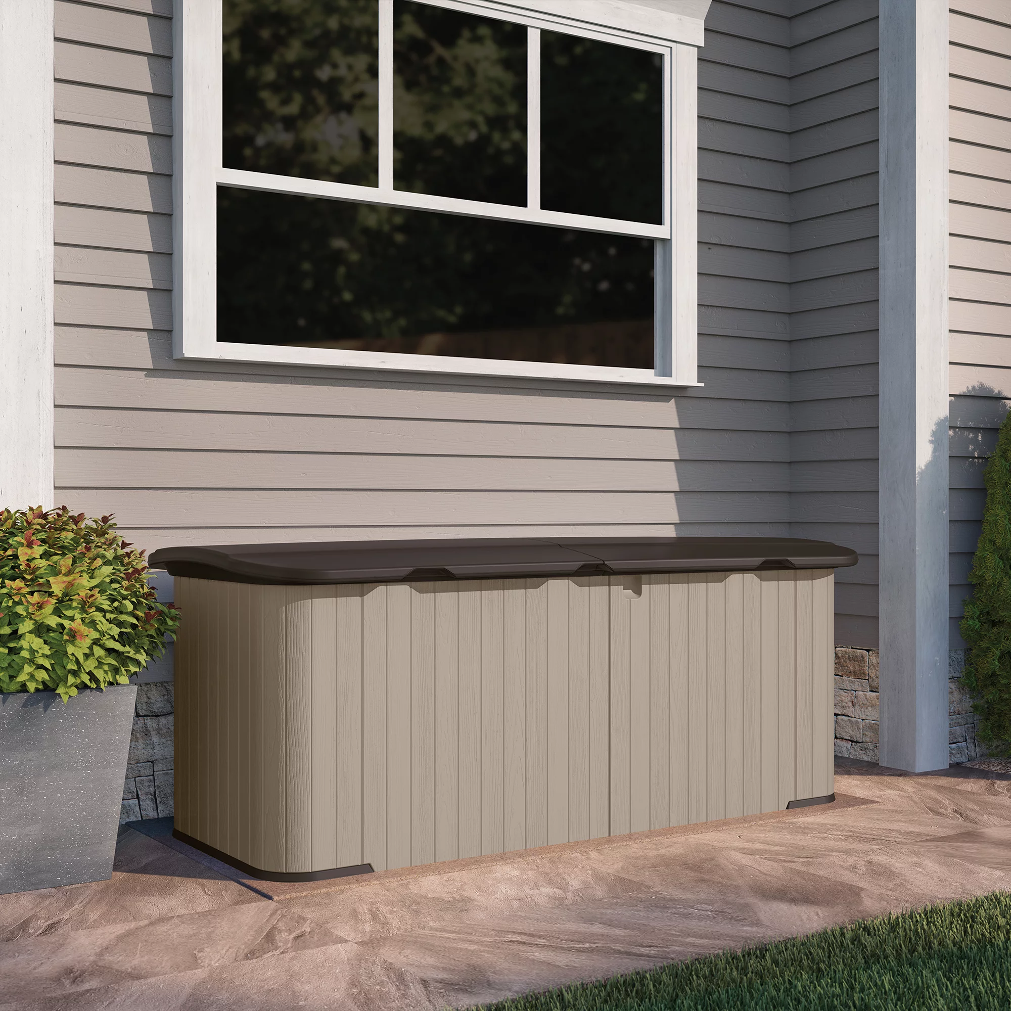 Suncast 269 Gallon Split Lid Resin Storage Shed Deck Box, Light Taupe
