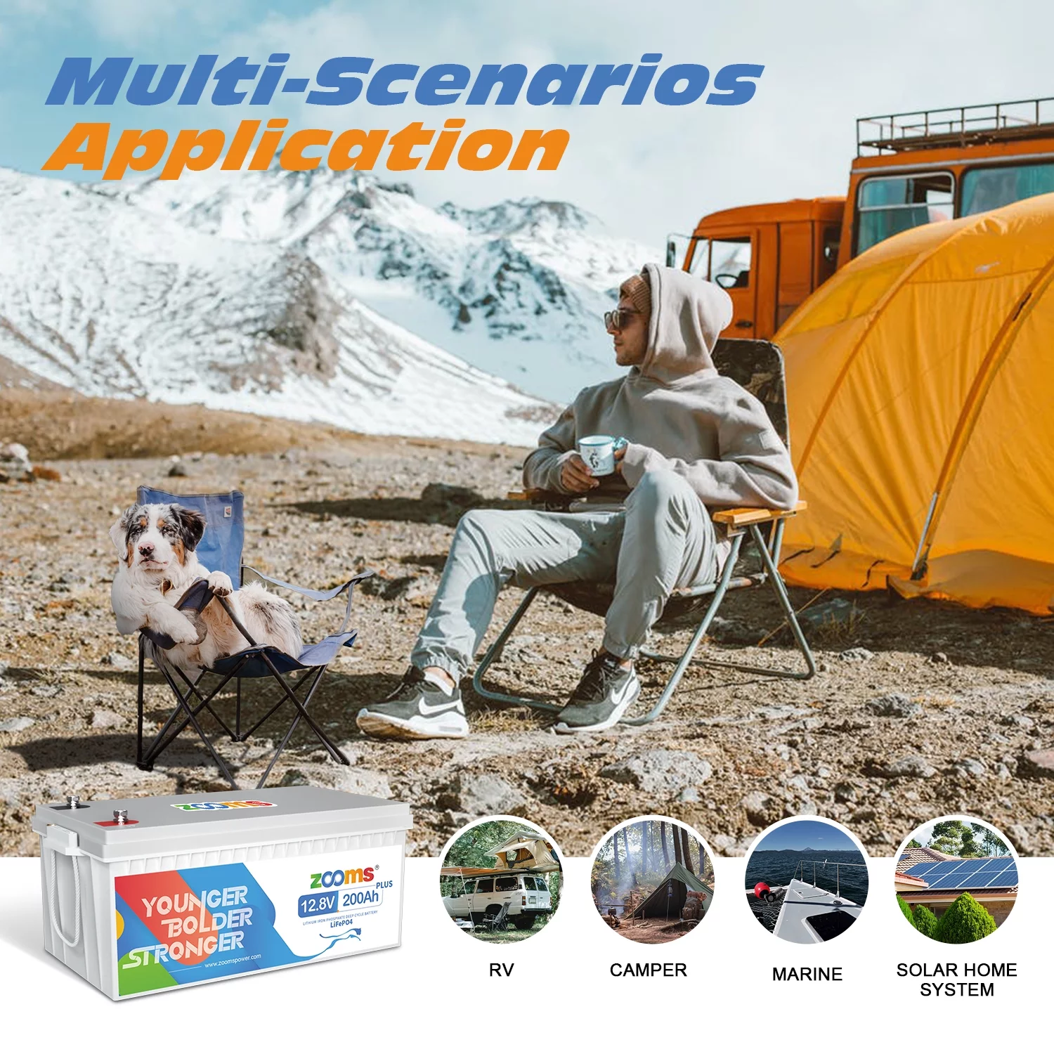 Zooms 12V 200Ah Plus LiFePO4 Lithium Battery 4000+ Cycle Built-in 200A BMS for RV