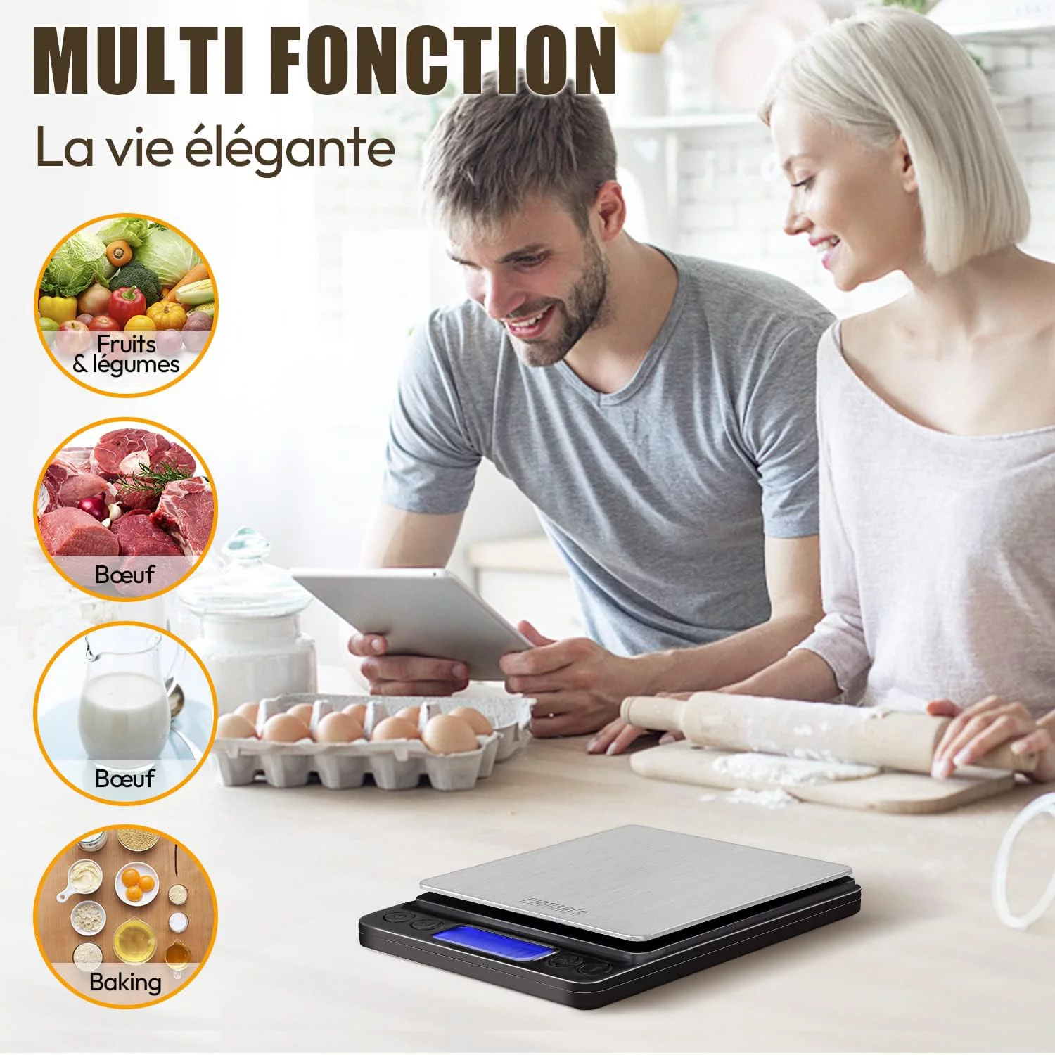 Food Scale, Rechargeable Kitchen Scale with Trays 3000g/0.1g, Small Scale with Tare Function Digital Scale Grams and Ounces for Weight Loss, Dieting, Cooking, Meal Prep, Coffee, Jewelry