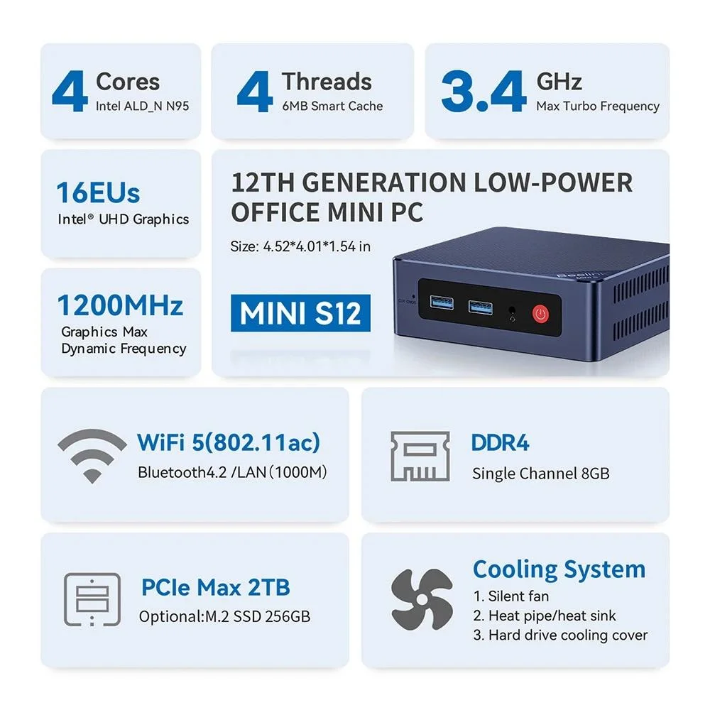 Beelink Mini S12 Mini PC Intel Processor N95 Windows 11 Pro 8GB RAM 256GB SSD Mini Desktop Computer
