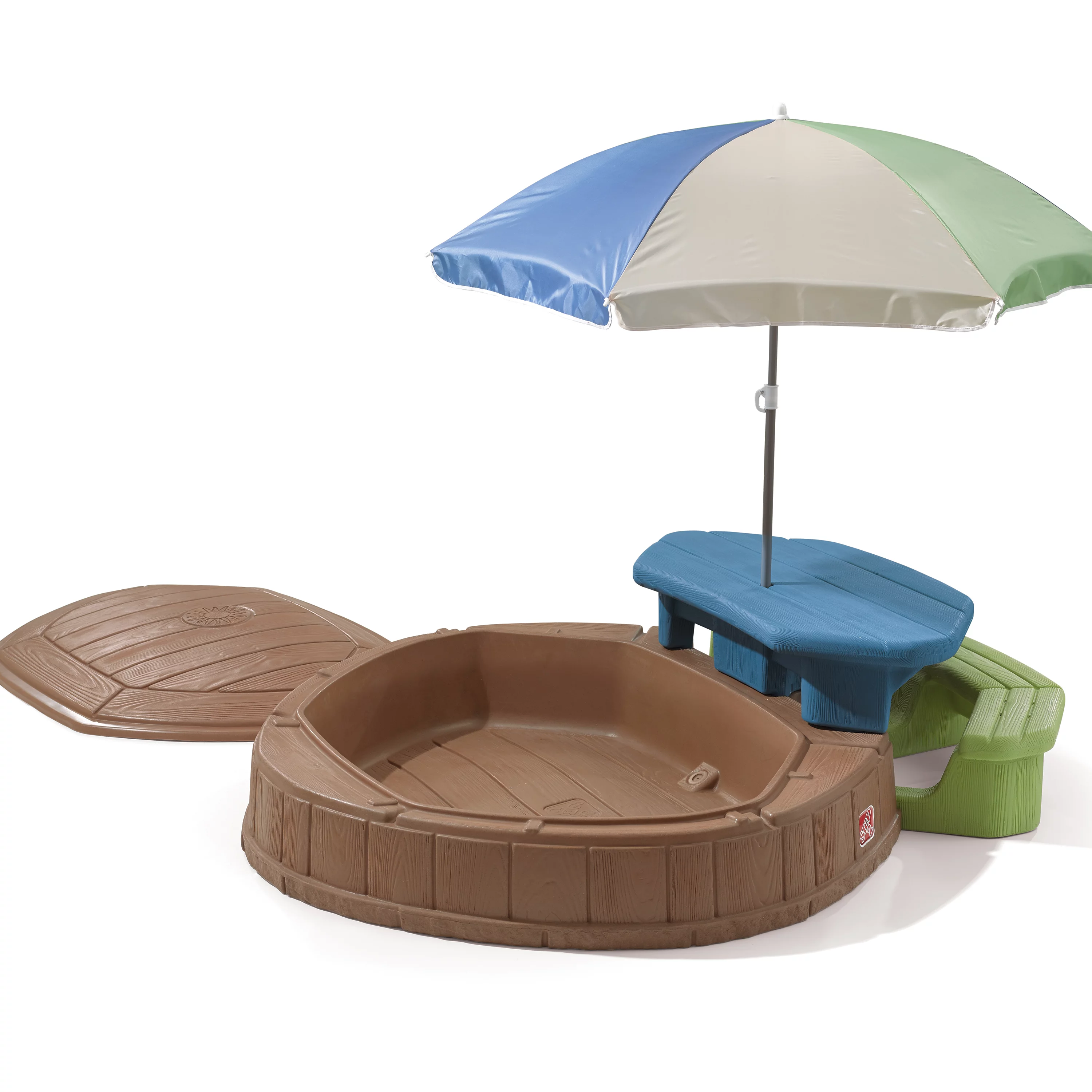 Step2 Summertime Play Center and Brown Plastic Sandbox for Kids with Cover Picnic Table and Umbrella