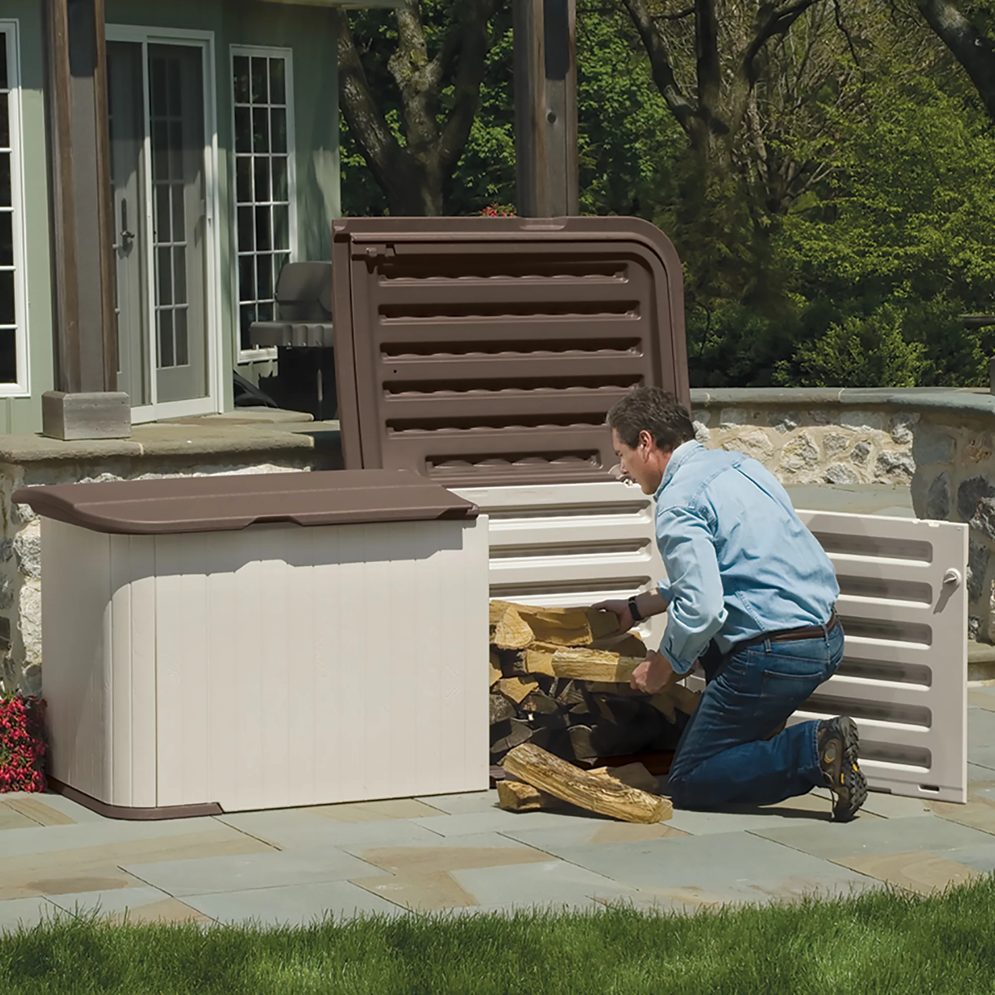 Suncast 269 Gallon Split Lid Resin Storage Shed Deck Box, Light Taupe