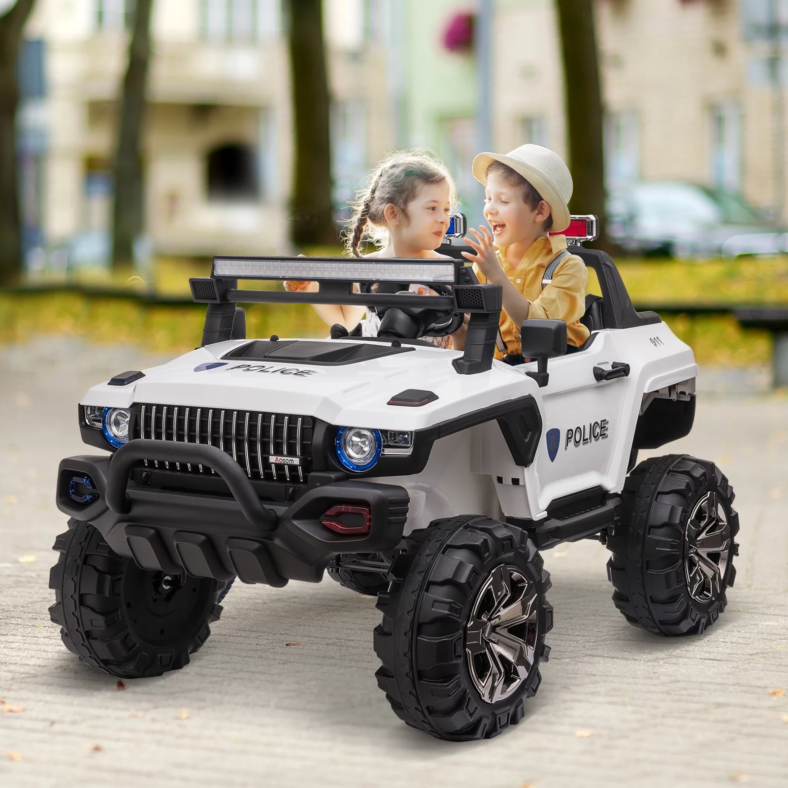 Aosom 12V Kids Electric 2-Seater Ride on Police Car SUV Truck Toy with Parental Control, White