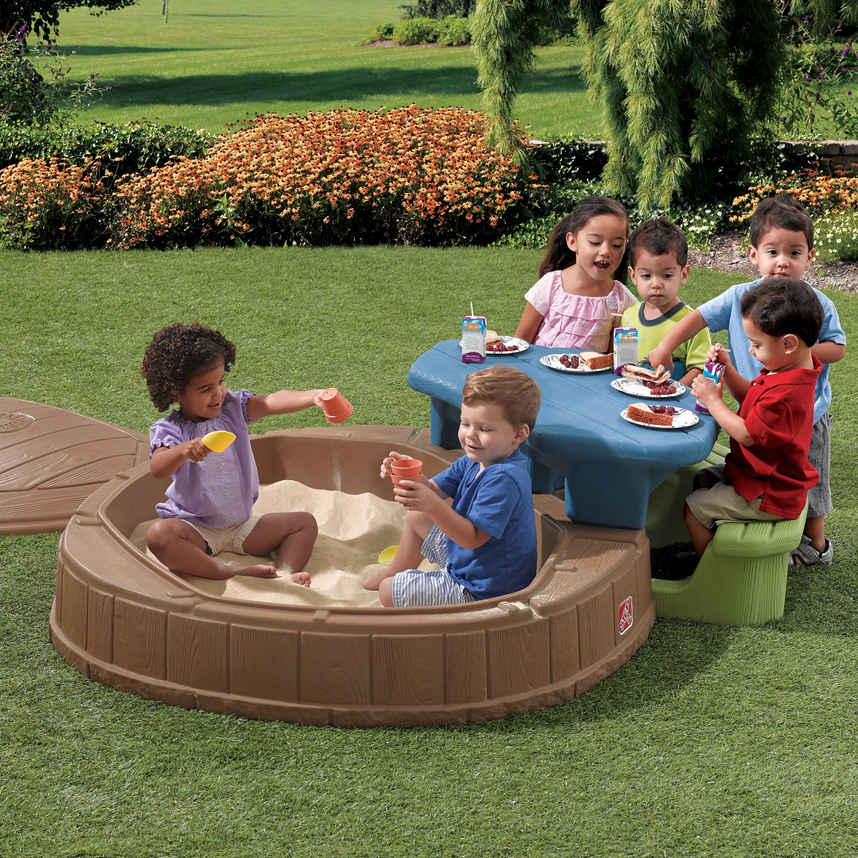 Step2 Summertime Play Center and Brown Plastic Sandbox for Kids with Cover Picnic Table and Umbrella