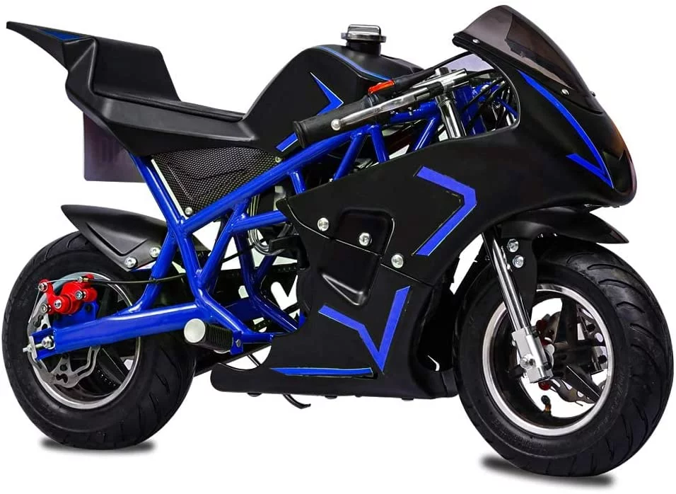 FRP 4 Stroke Pocket Bike 01, Mini Bike for Kids, Mini Pocket Bike W/ Strong Dual Brake, Racing Pocket Rocket Max Speed 20 Mph, Realistic Mini Motorcycle Max Weight 165 LB, Blue