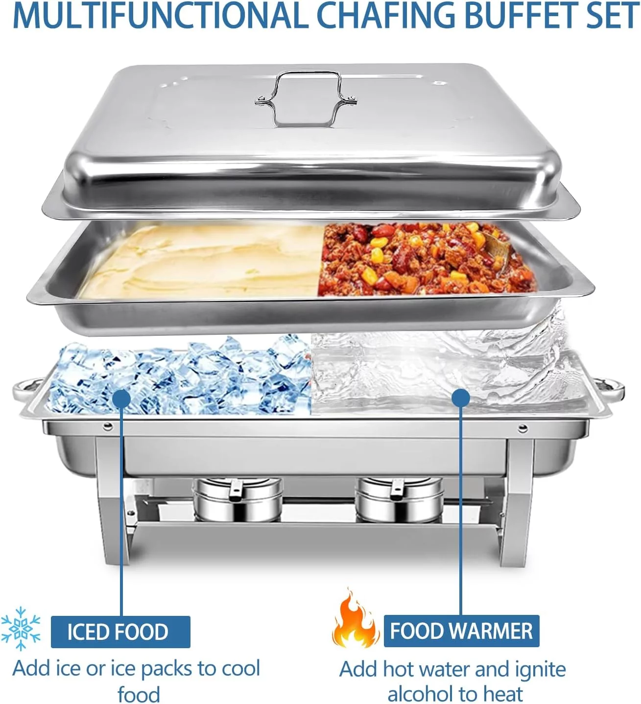 JSTUOKE Chafing Dish 6 Packs 9L/8QT Stainless Steel Chafer Full Size Rectangular Chafers for Catering Buffet Warmer Set with Folding Frame