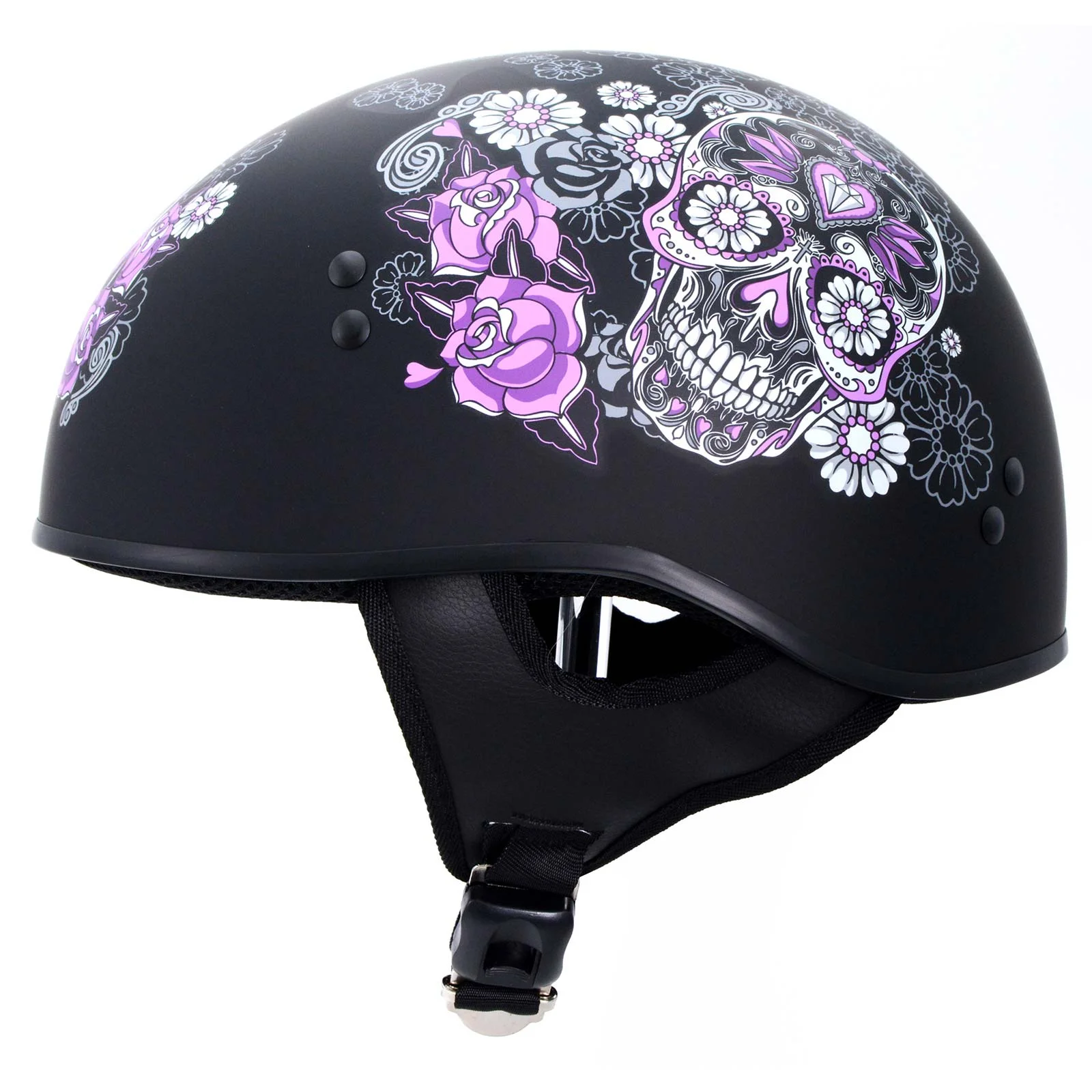 Hot Leathers HLD1031 'Sugar Skull' Flat Black Motorcycle DOT Approved Skull Cap Half Biker Helmet Medium