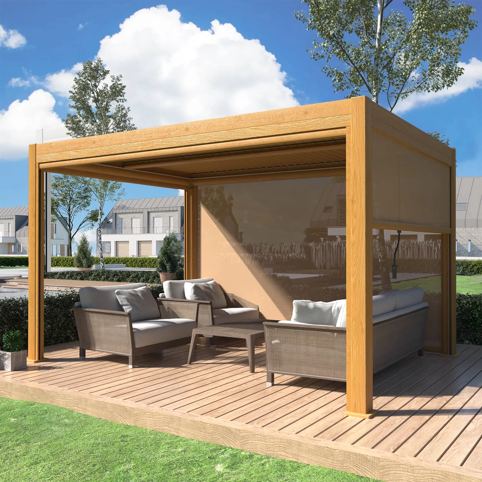 Richryce 10 ft. x 13 ft. Outdoor Louvered Pergola, Patio Pergola with with Auto Adjustable Aluminum Rainproof Roof, Wood