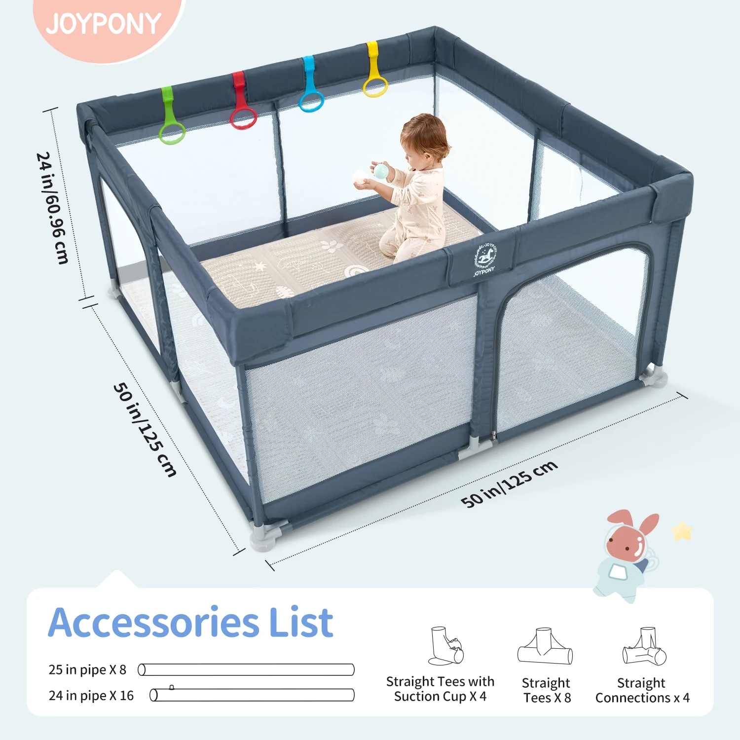 Joypony Grey Baby Playpen,Baby Playards Large Safety Play Center Yards,Kids Play Activity Center with Gate,Super Soft Mesh, Sturdy Fence Play Area for Toddlers,50 x 50 x 27 inches