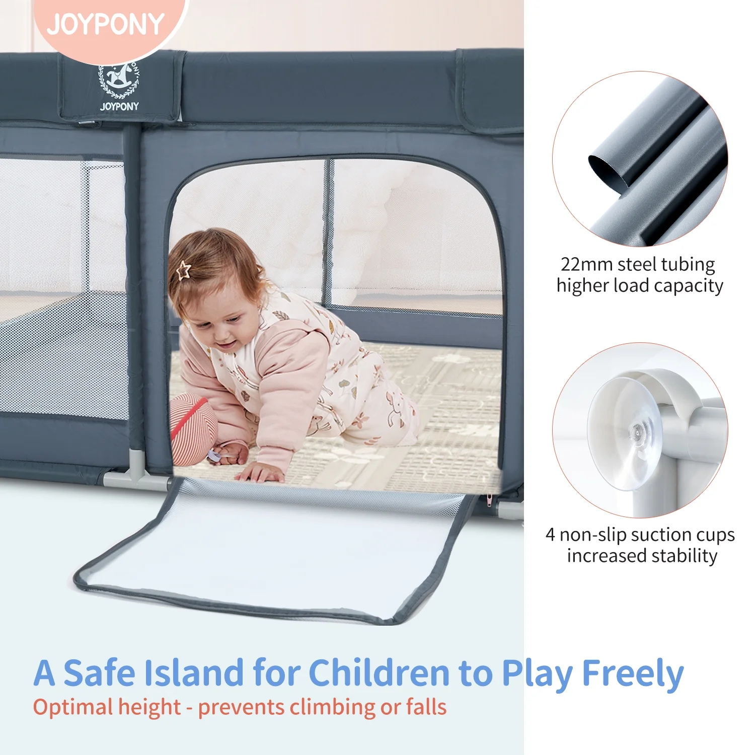 Joypony Grey Baby Playpen,Baby Playards Large Safety Play Center Yards,Kids Play Activity Center with Gate,Super Soft Mesh, Sturdy Fence Play Area for Toddlers,50 x 50 x 27 inches