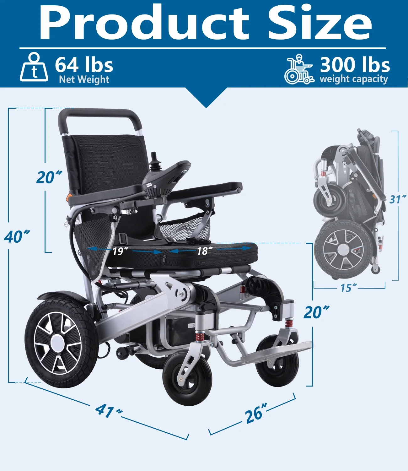 Broobey 40Km Foldable Electric Wheelchair Portable Electric Wheelchairs for Adults and Seniors Light Electric Wheelchair Battery 20Ah Electric Wheelchair Weights Load Capacity 300lbs Sliver