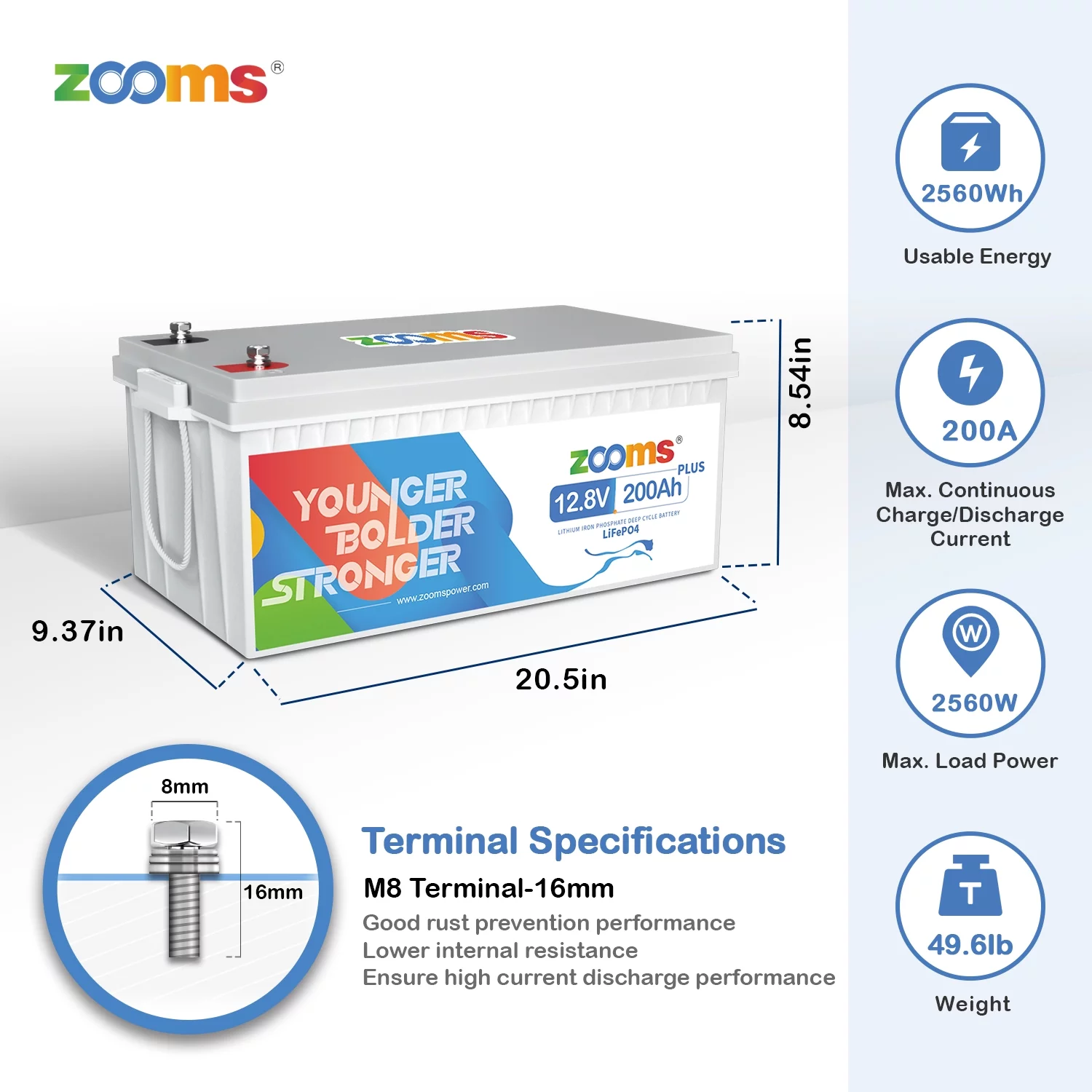 Zooms 12V 200Ah Plus LiFePO4 Lithium Battery 4000+ Cycle Built-in 200A BMS for RV