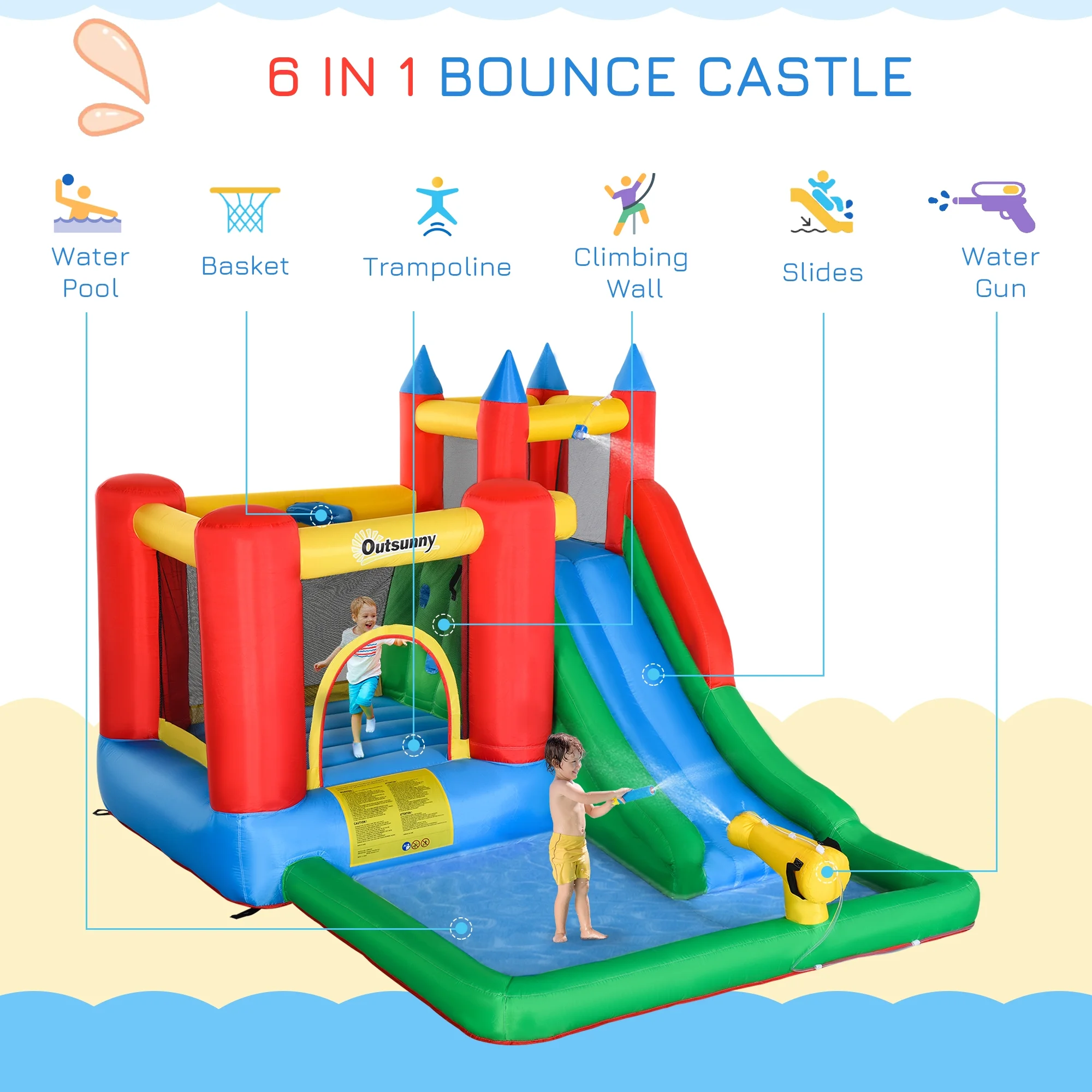POWANLI Outsunny 6-in-1 Kids Bounce House Inflatable Water Slide with Pool, Water Cannon, Climbing Wall, Inflator Included, Jumping Castle Kids Backyard Activity Outdoor Water Play Toy