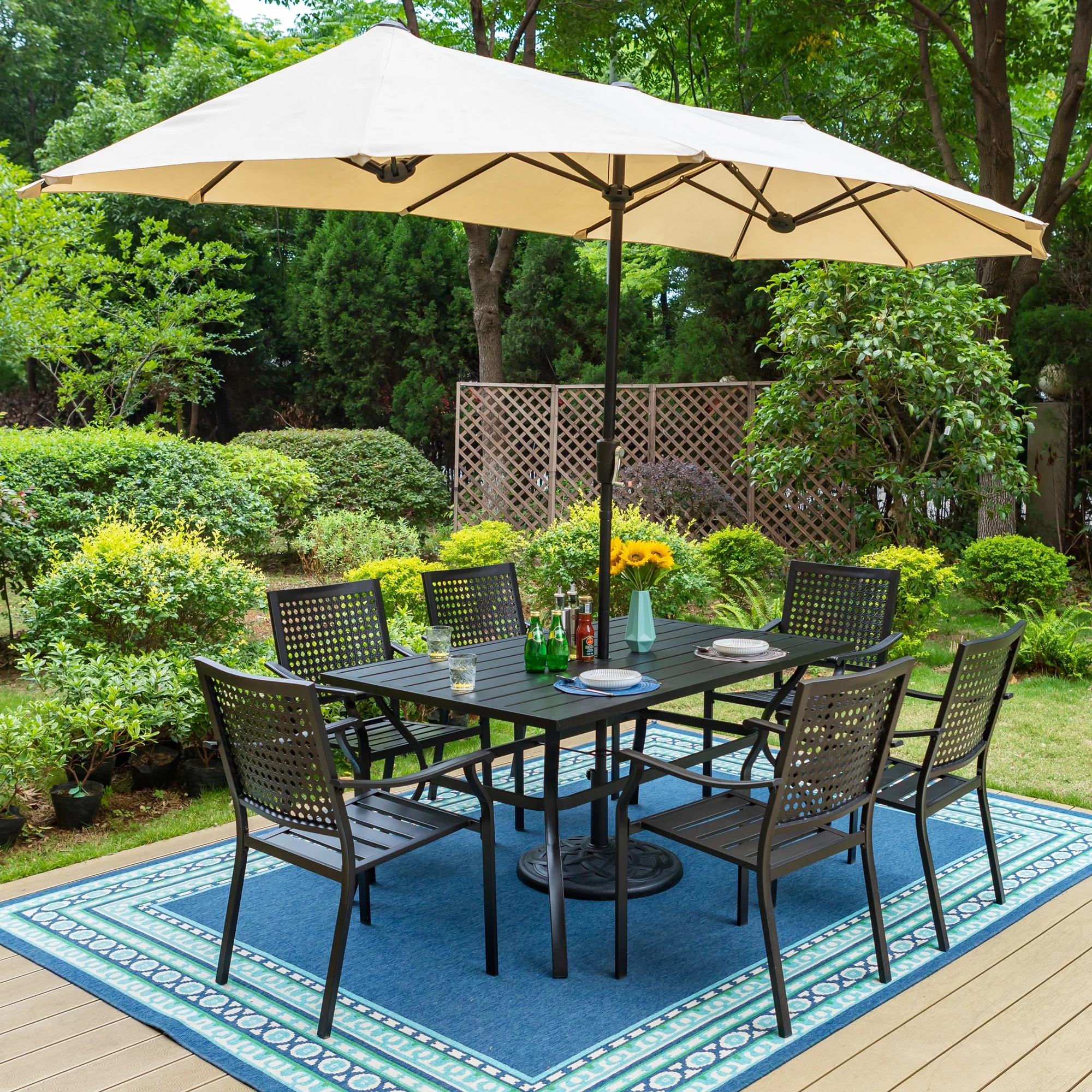 MF Studio 8-Piece Outdoor Patio Dining Set with 13 FT Double-sided Umbrella, 6 PCS Stacking Armchairs&1 PC Large Table for Dinner&Party, Black&Beige