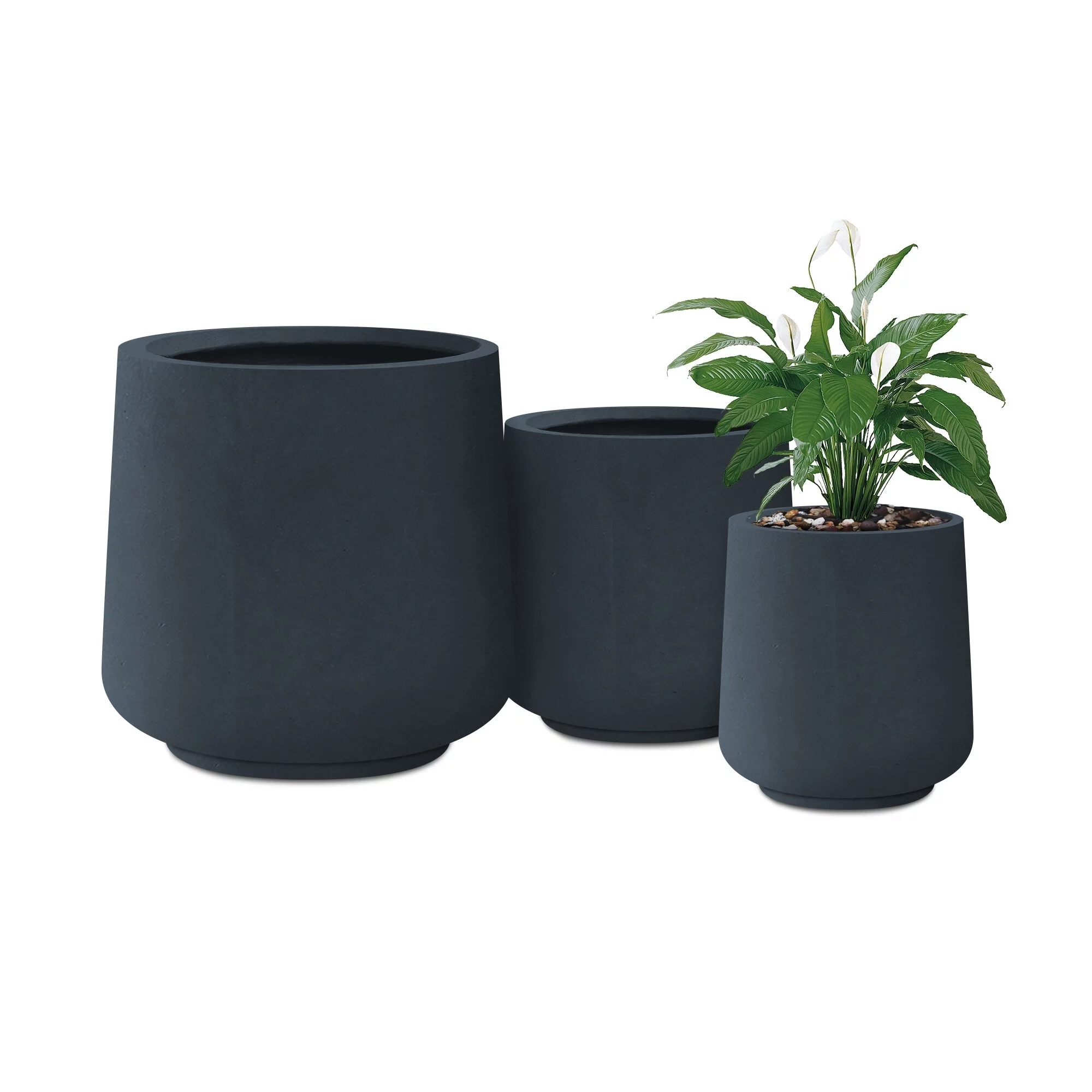 Kante Round Concrete Planter (Set of 3 Sizes), Outdoor/Indoor(Concrete Grey) Charcoal