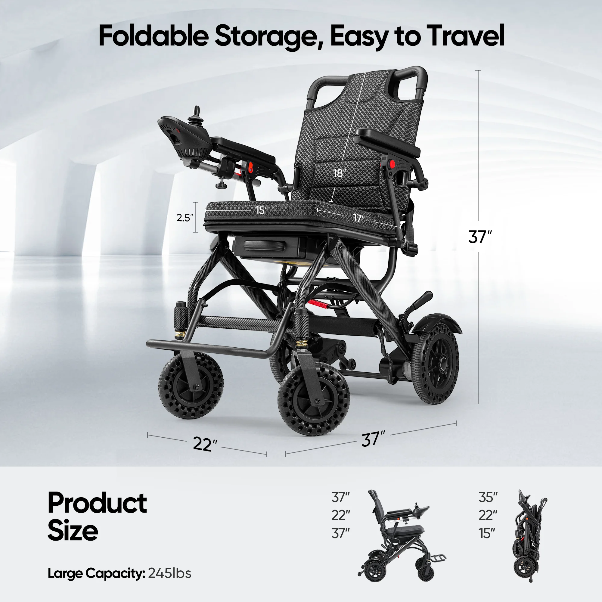 Furgle Electric Wheelchair Lightweight Folding Wheelchair for Adults Seniors Black