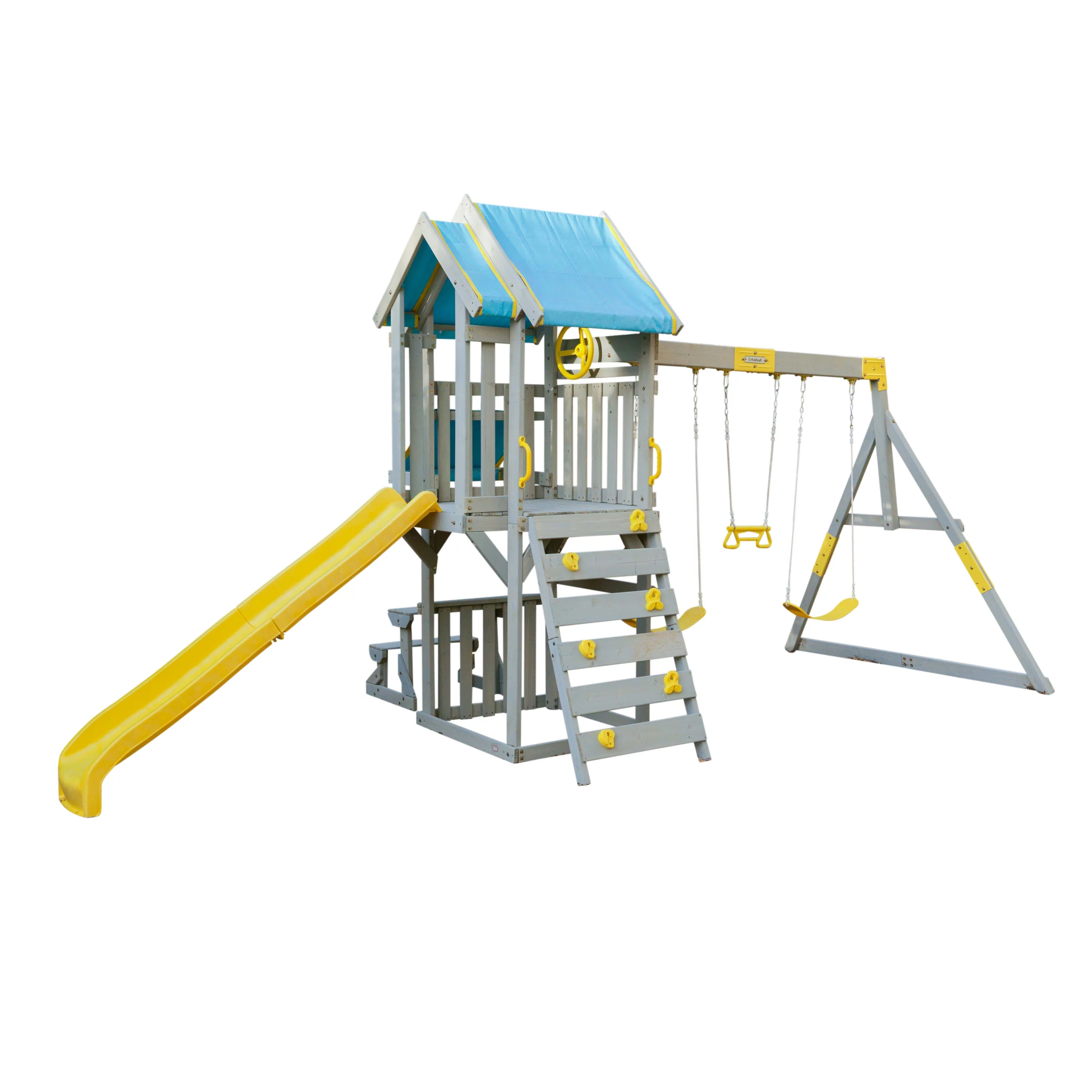 KidKraft Seacove Wooden Swing Set / Playset with Table & Bench, Blue and Yellow, For Ages 3-10