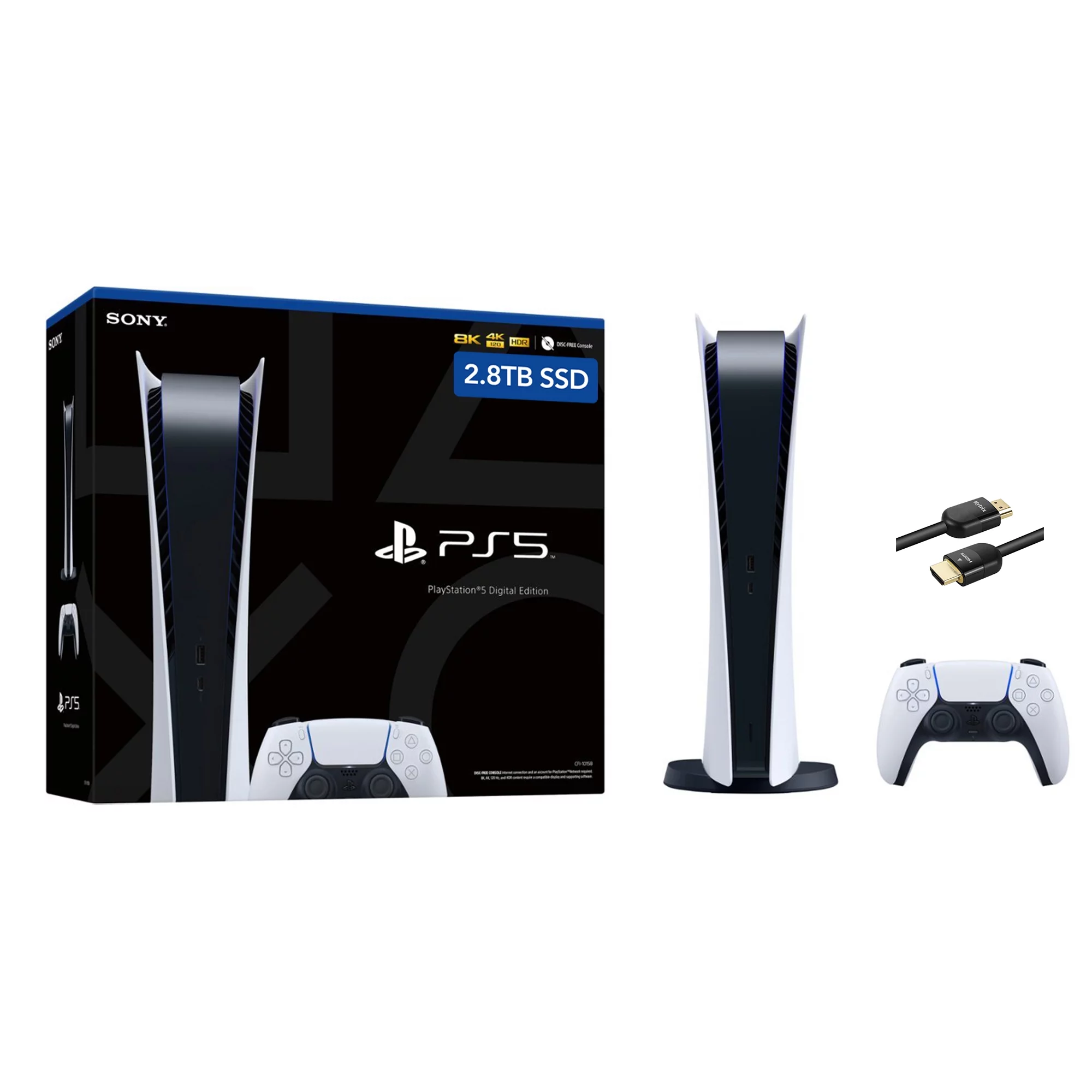 PlayStation 5 Upgraded 2.8TB Digital Edition and Mytrix 8K HDMI Ultra High Speed Cable - White, PS5 Gaming Console