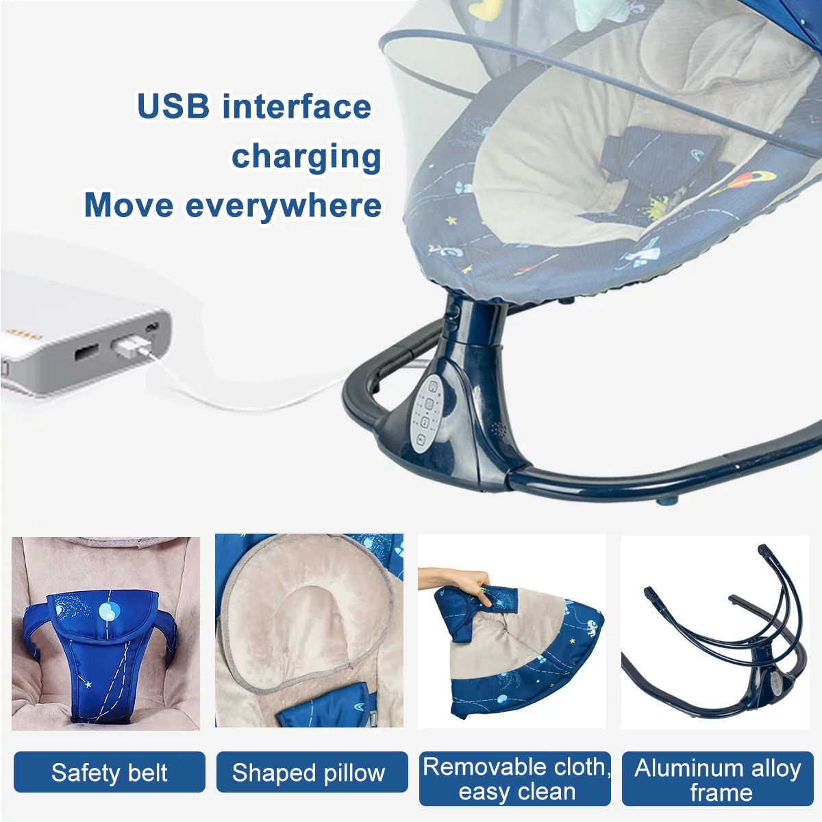 MONEHANE Baby Swing for Infants - Motorized, Bluetooth Speaker, Remote Control, Blue