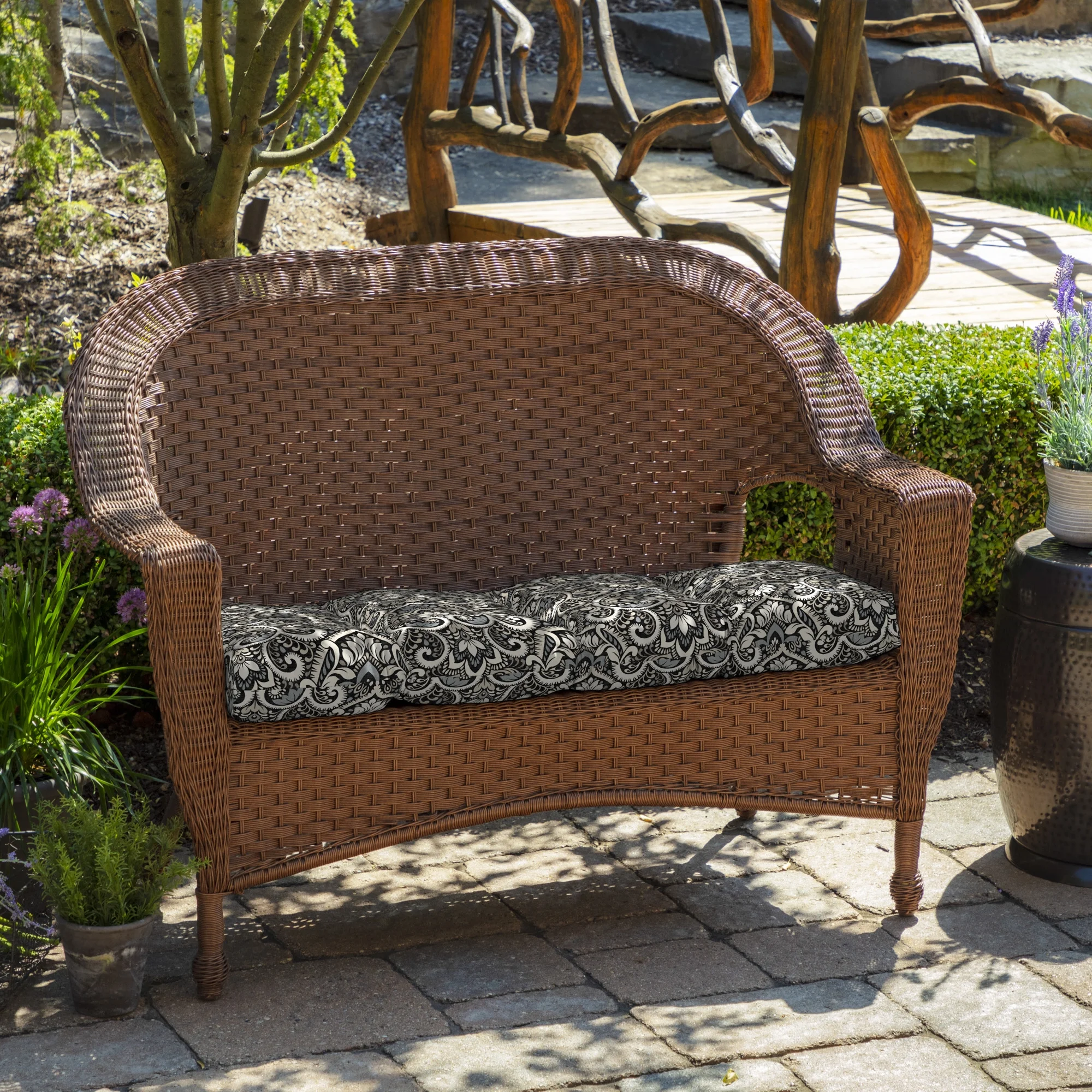 Arden Selections Outdoor Wicker Settee Cushion 41.5 x 18, Black Aurora Damask