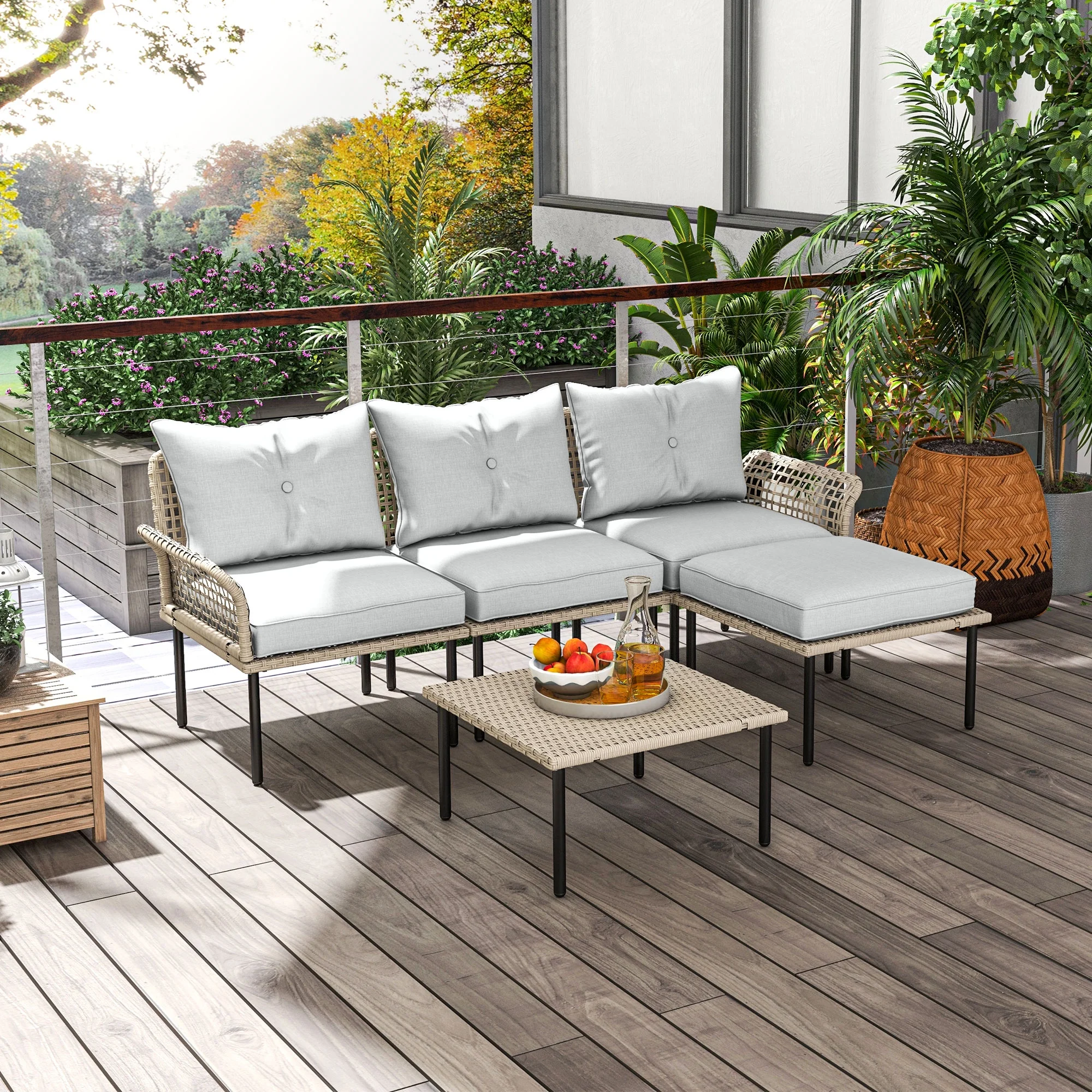 Outsunny 5 PCs Patio Furniture Set with Sofa, Chaise Lounge, Table, Cream