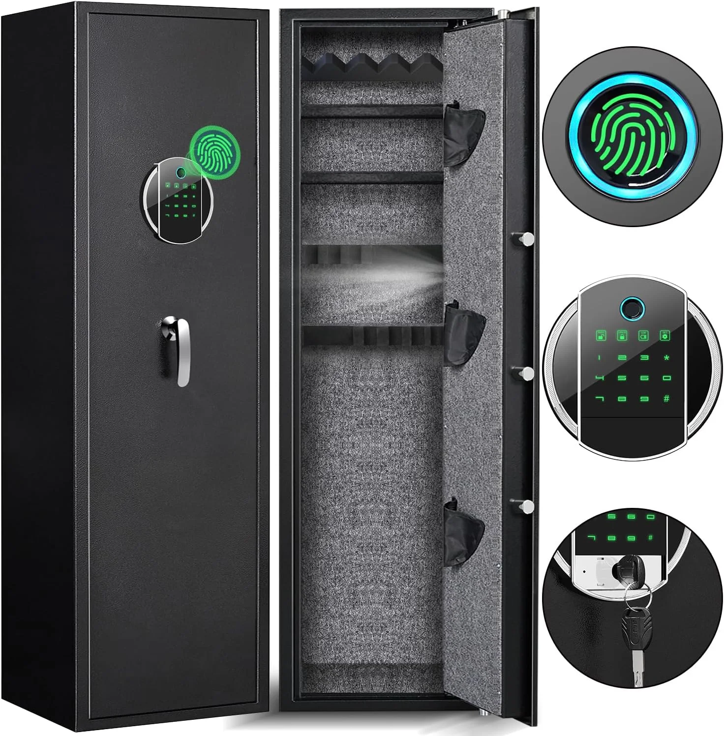 U-SHARE Gun Safe, Quick Access 5 Biometric Fingerprint Gun Cabinets, Gun Safe for Home Rifle and Pistols with Silent Mode, Rifle Gun Safe with 2 Adjustable Shelves and 3 Adjustable Gun Slots