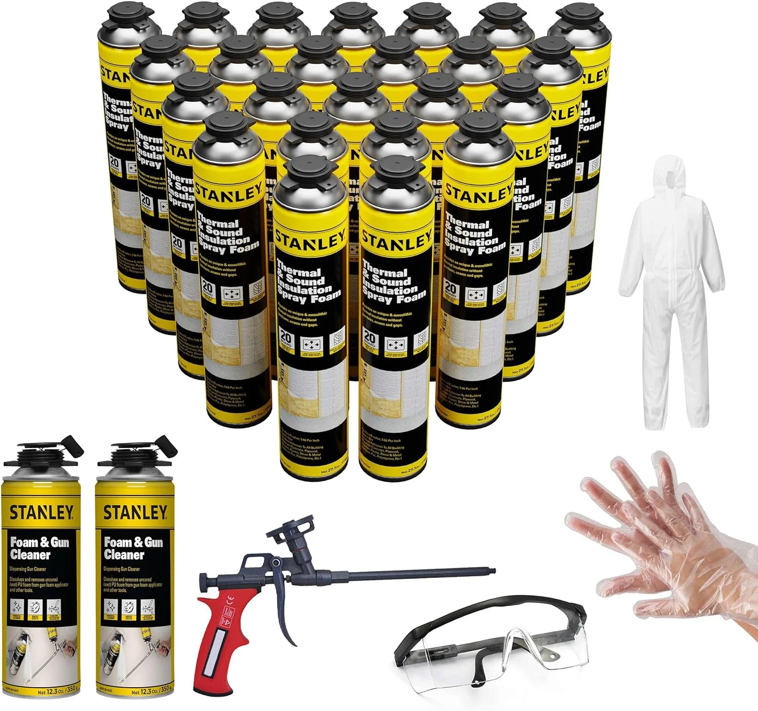 Stanley Supercoat Spray Foam Insulation Kit - Closed Cell Spray Foam Covers up to 480 Board feet - 27.1 oz, 24 Pack + Complete Set