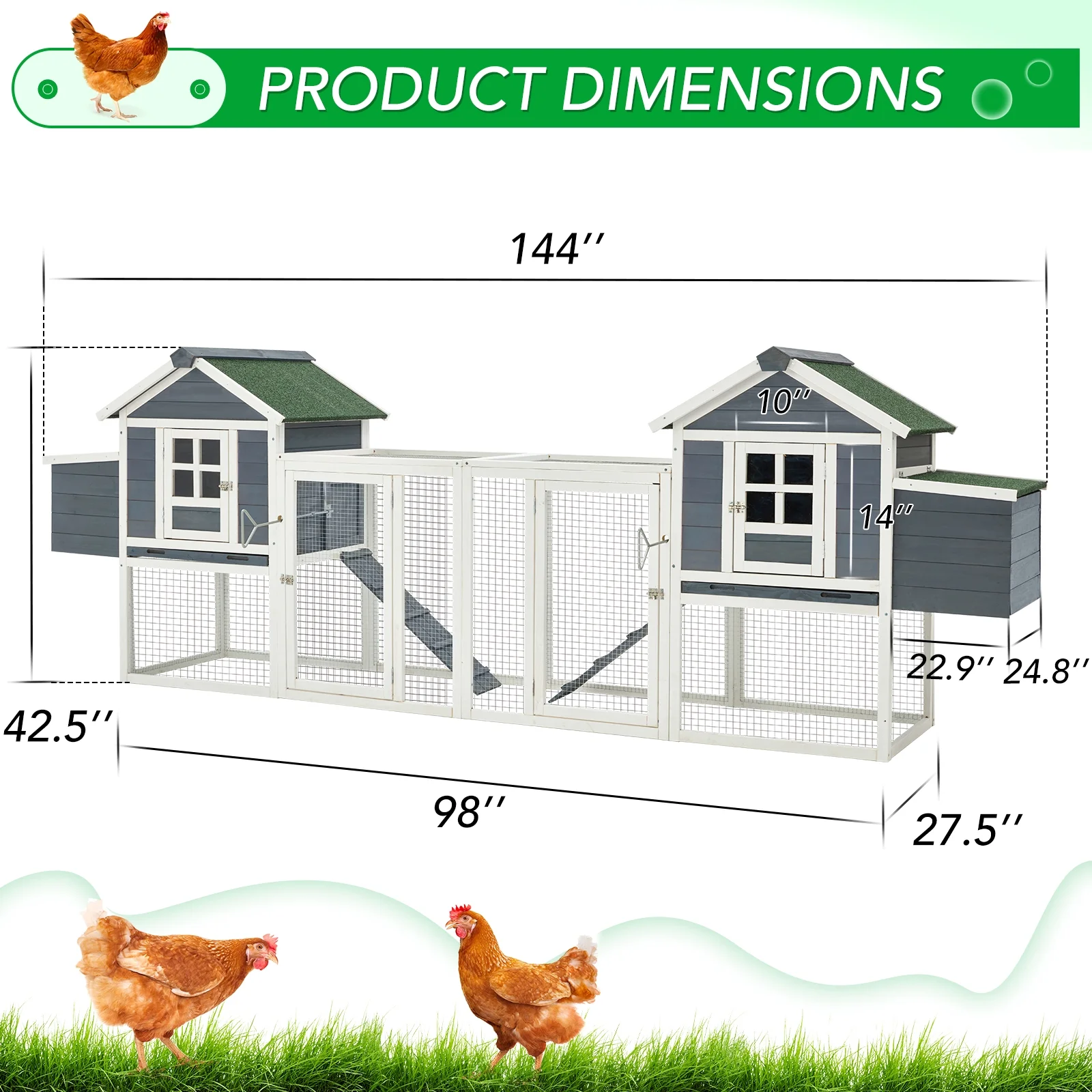 YODOLLA 123“ Large Wooden Chicken Coop with Run Wooden Hutch Poultry Cage Hen House with Nesting Boxes in Gray