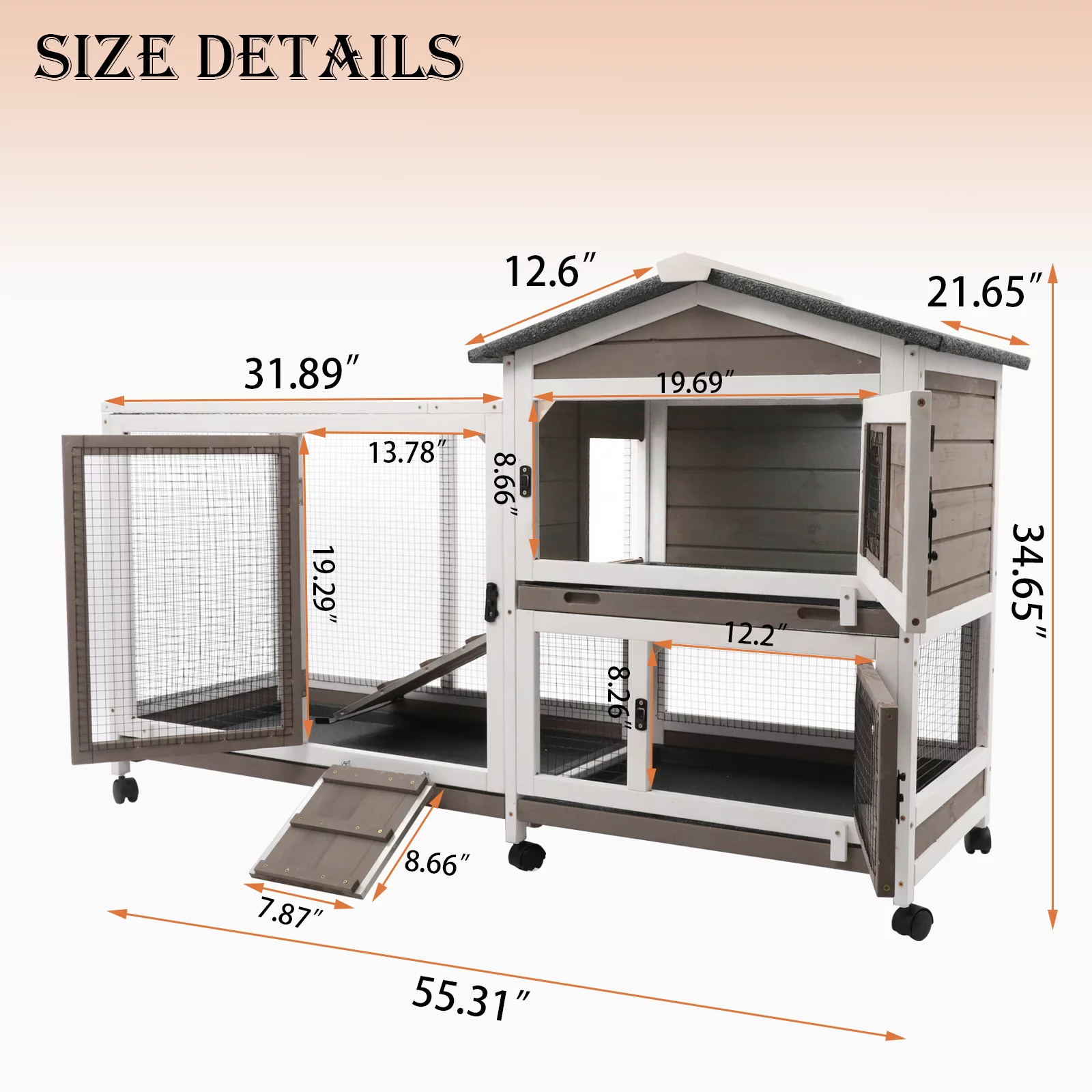 Petscosset Rabbit Hutch Indoor - Bunny Hutch Indoor Upgrade Greywhite Rabbit Cage Wooden Rabbit House with Wheels, Ramp, Openable Roof for Rabbits Guinea Pig Hamster Ferret