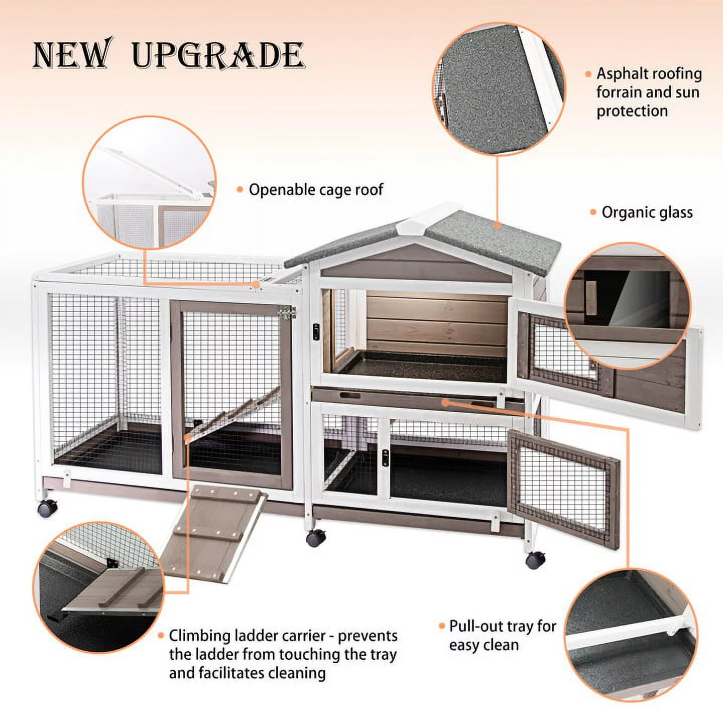 Petscosset Rabbit Hutch Indoor - Bunny Hutch Indoor Upgrade Greywhite Rabbit Cage Wooden Rabbit House with Wheels, Ramp, Openable Roof for Rabbits Guinea Pig Hamster Ferret